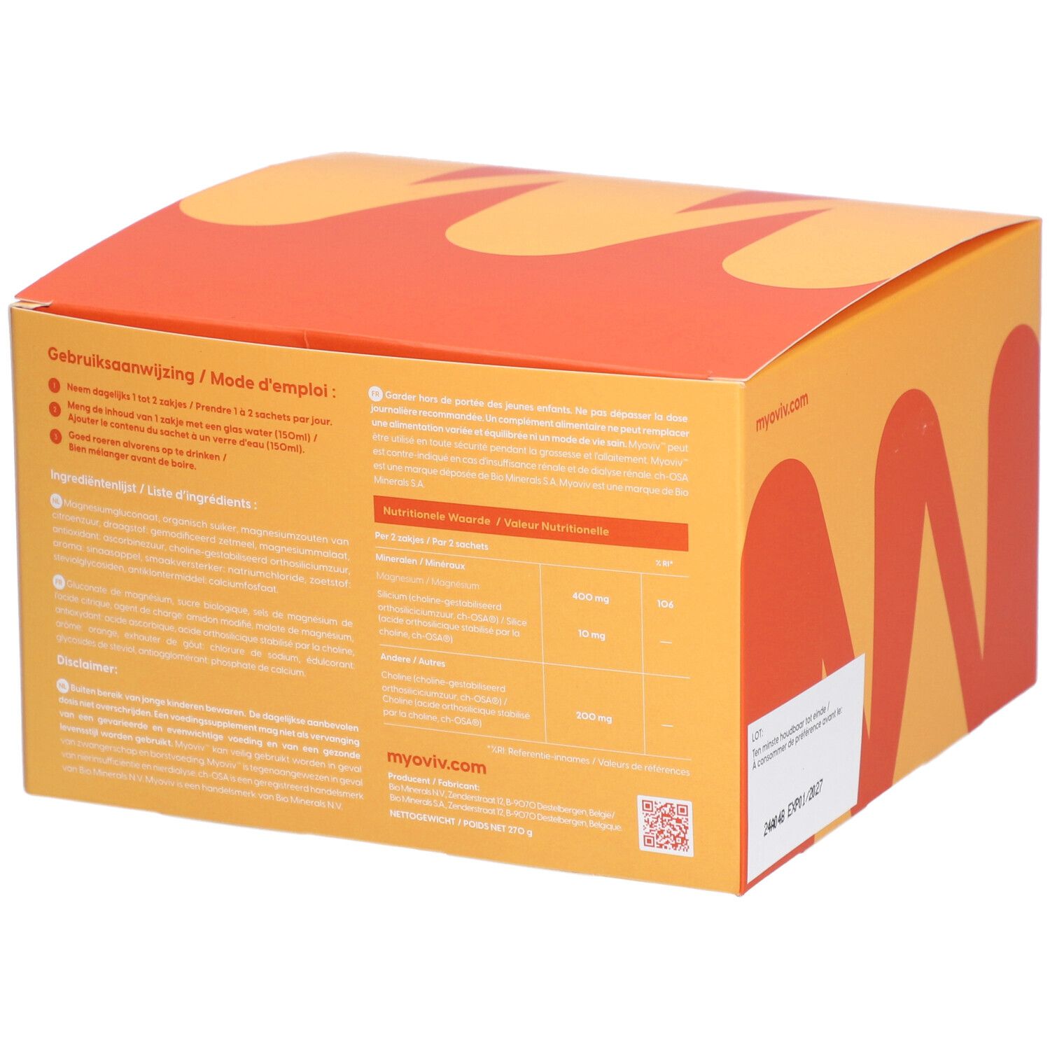 Boîte orange avec logo Myoviv. Texte: Mode d'emploi. Ingrédients. myoviv.com. Code QR.