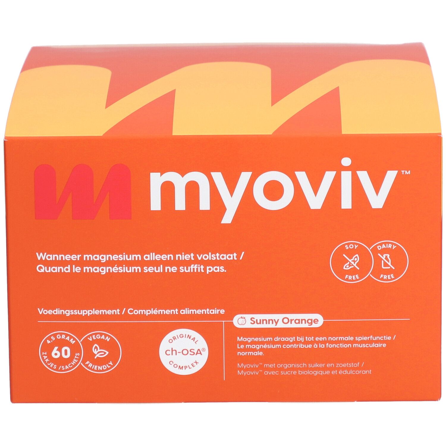Boîte orange avec logo Myoviv. Texte: Quand le magnésium seul ne suffit pas. Sunny Orange. 60 sachets. Végétalien.