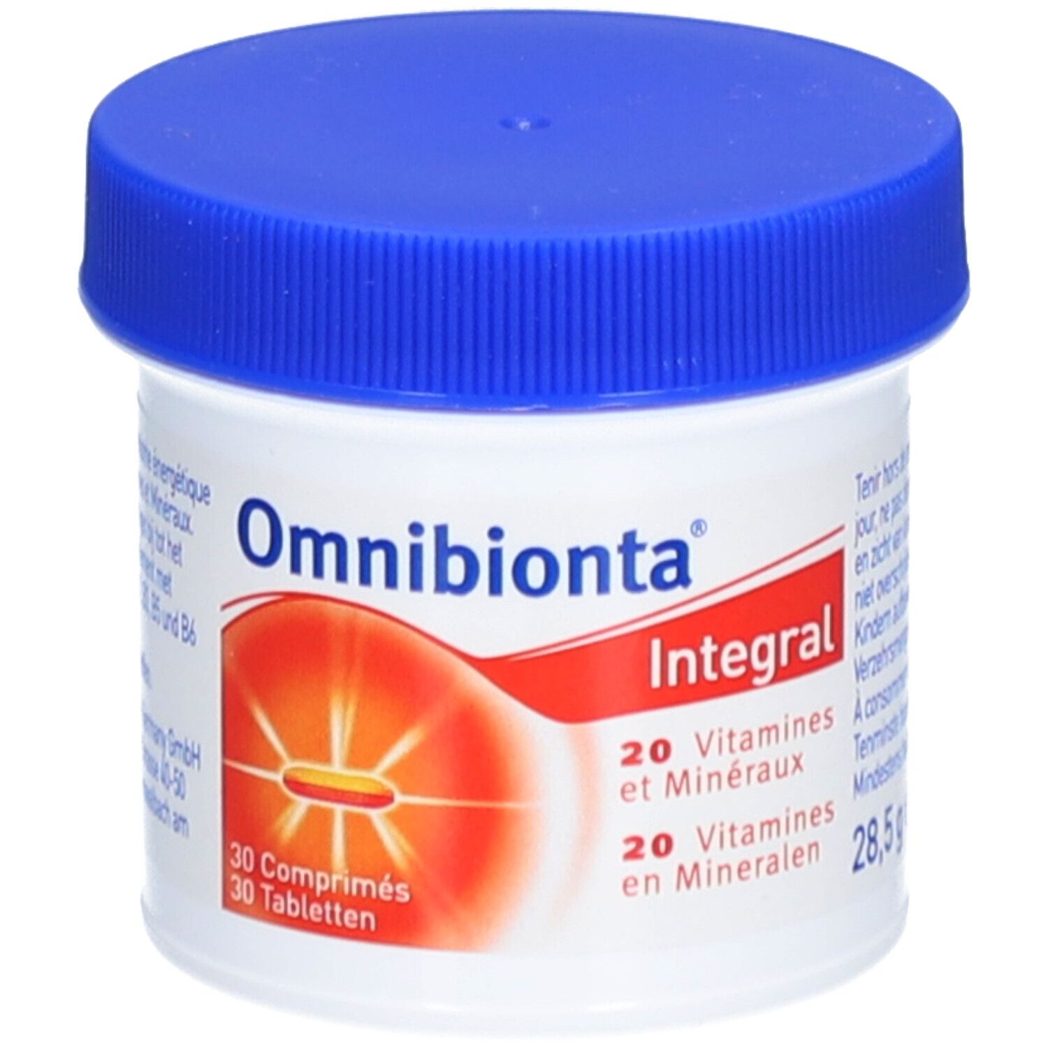 Pilulier blanc avec couvercle bleu. Inscription: Omnibionta Integral, 20 vitamines et minéraux. 30 comprimés.