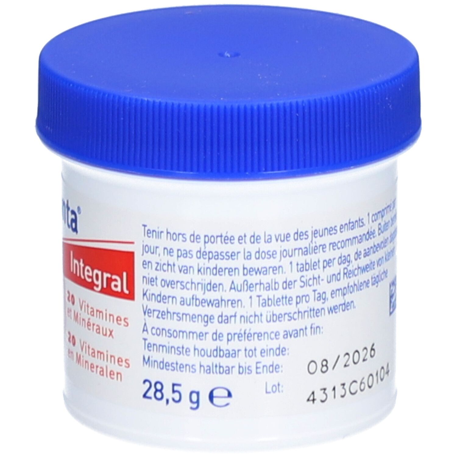 Pilulier avec couvercle bleu. Inscription: Omnibionta Integral. Date de péremption 08/2026. 28,5 g.