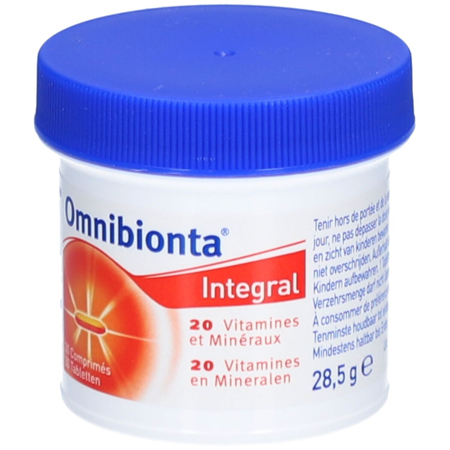 Pilulier avec couvercle bleu. Inscription: Omnibionta Integral, 20 vitamines et minéraux. 28,5 g.