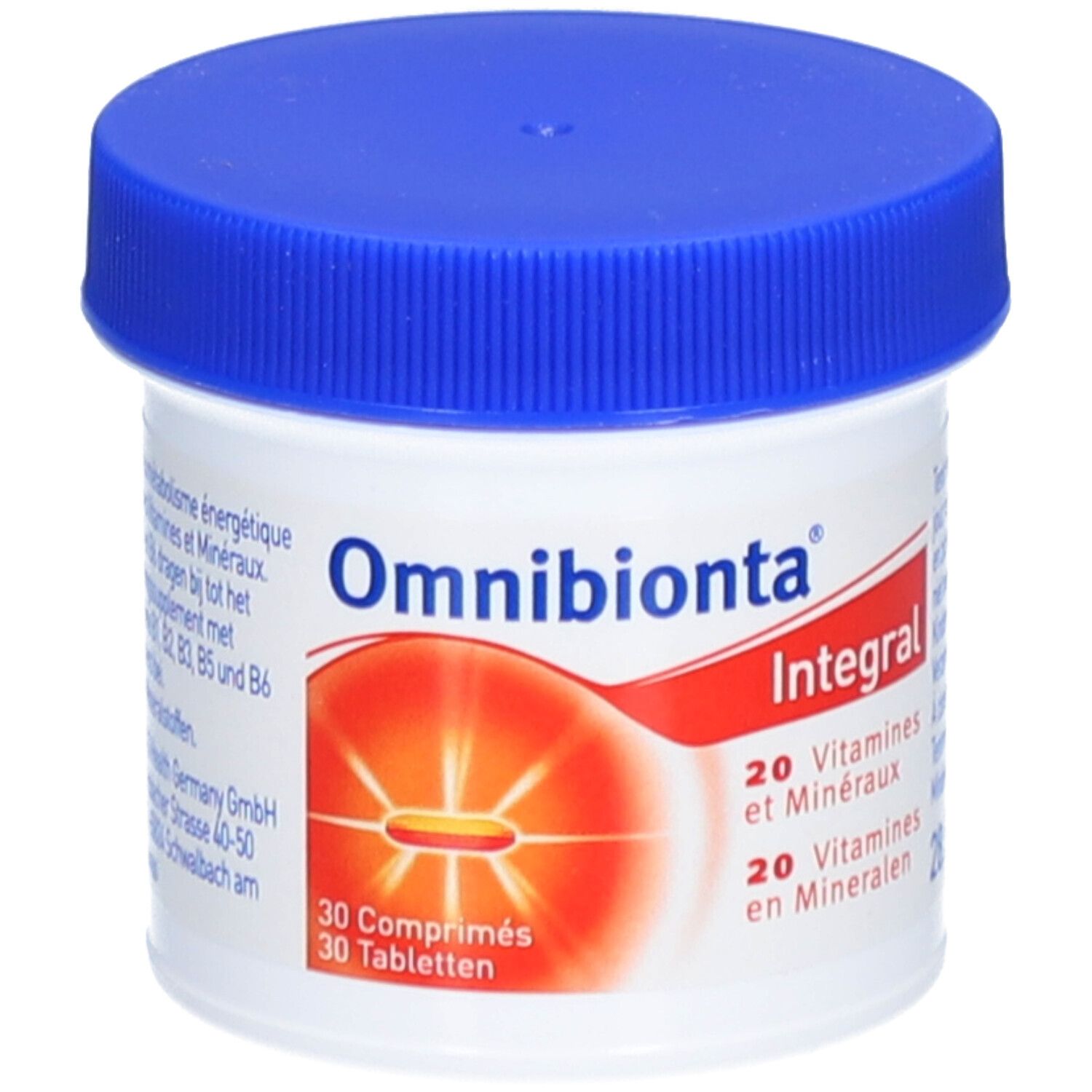 Pilulier avec couvercle bleu. Inscription: Omnibionta Integral, 20 vitamines et minéraux. 30 comprimés.
