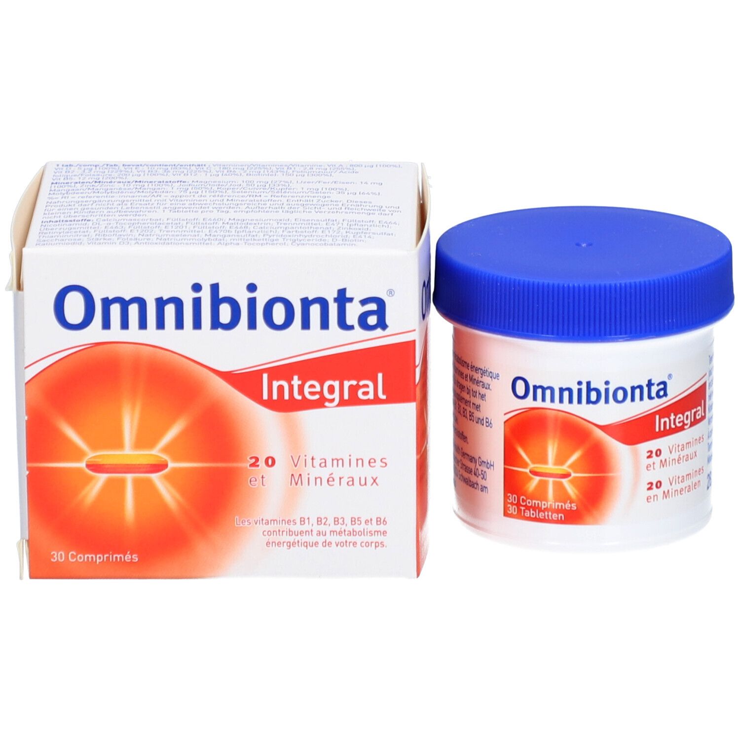 Pilulier et boîte. Inscription: Omnibionta Integral, 20 vitamines et minéraux. 30 comprimés.