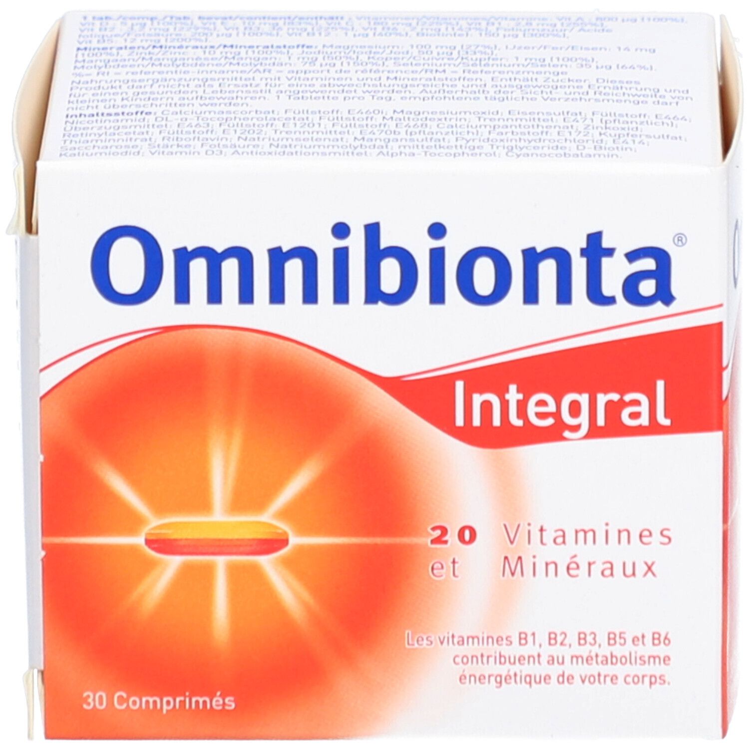 Boîte avec inscription: Omnibionta Integral, 20 vitamines et minéraux. 30 comprimés. Contient des informations.