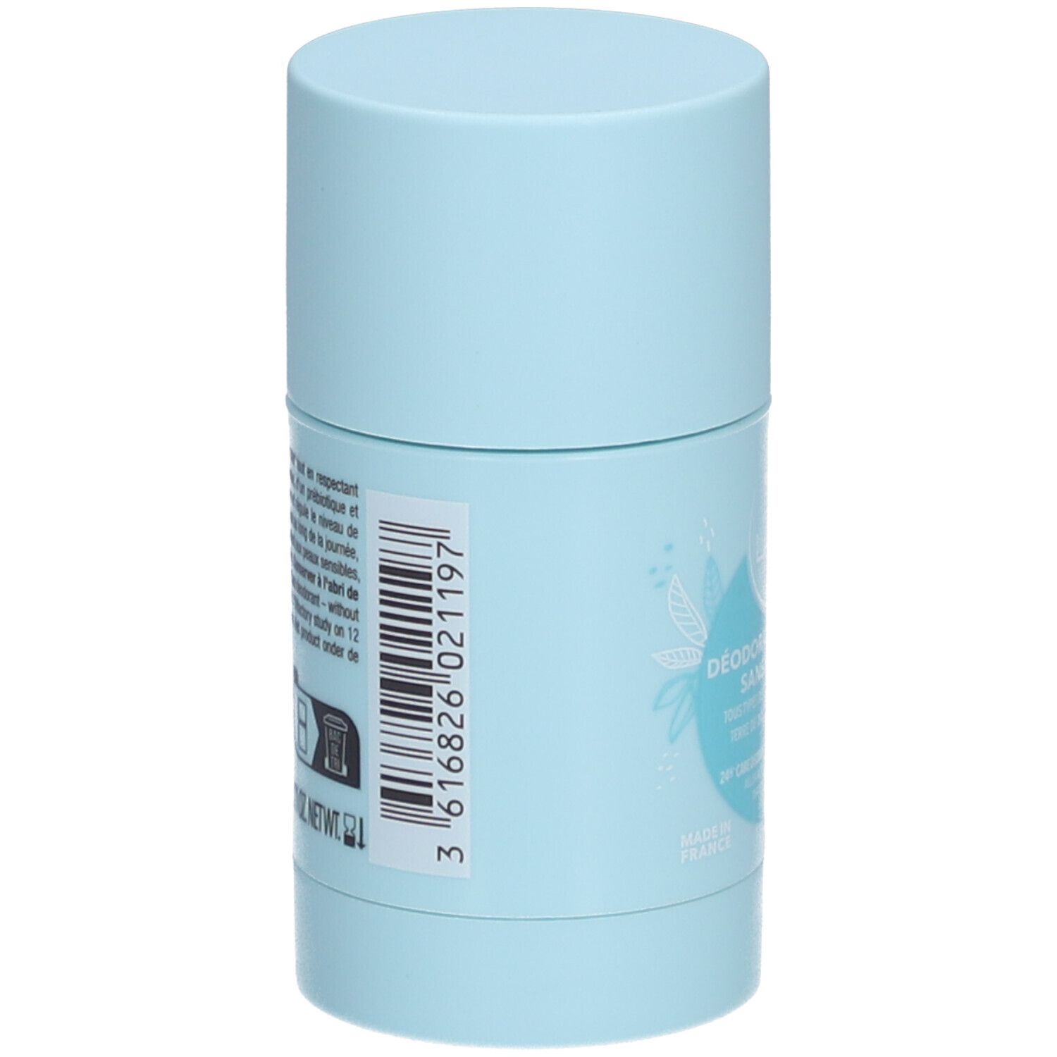 Hellblaues Deodorant von Laino. Rückseite mit Barcode und Text. Enthält Informationen über das Produkt und die Inhaltsstoffe.
