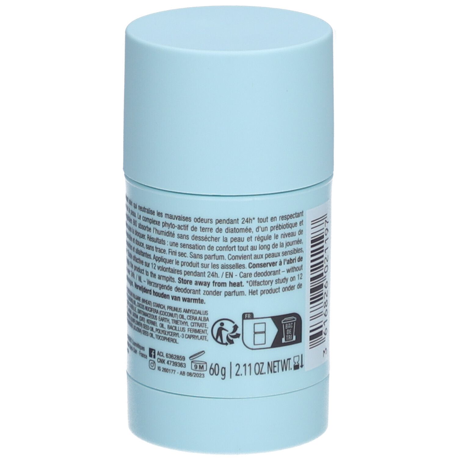 Hellblaues Deodorant von Laino. Rückseite mit Text. Enthält Informationen über das Produkt und die Inhaltsstoffe.
