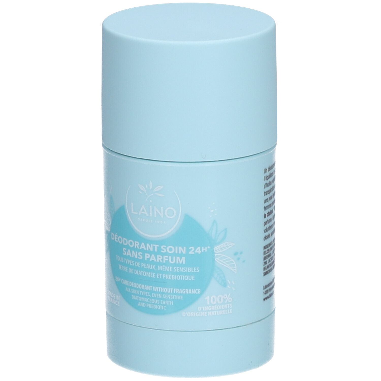 Hellblaues Deodorant von Laino. Aufschrift: Déodorant Soin 24H Sans Parfum. Für alle Hauttypen, auch empfindliche Haut.