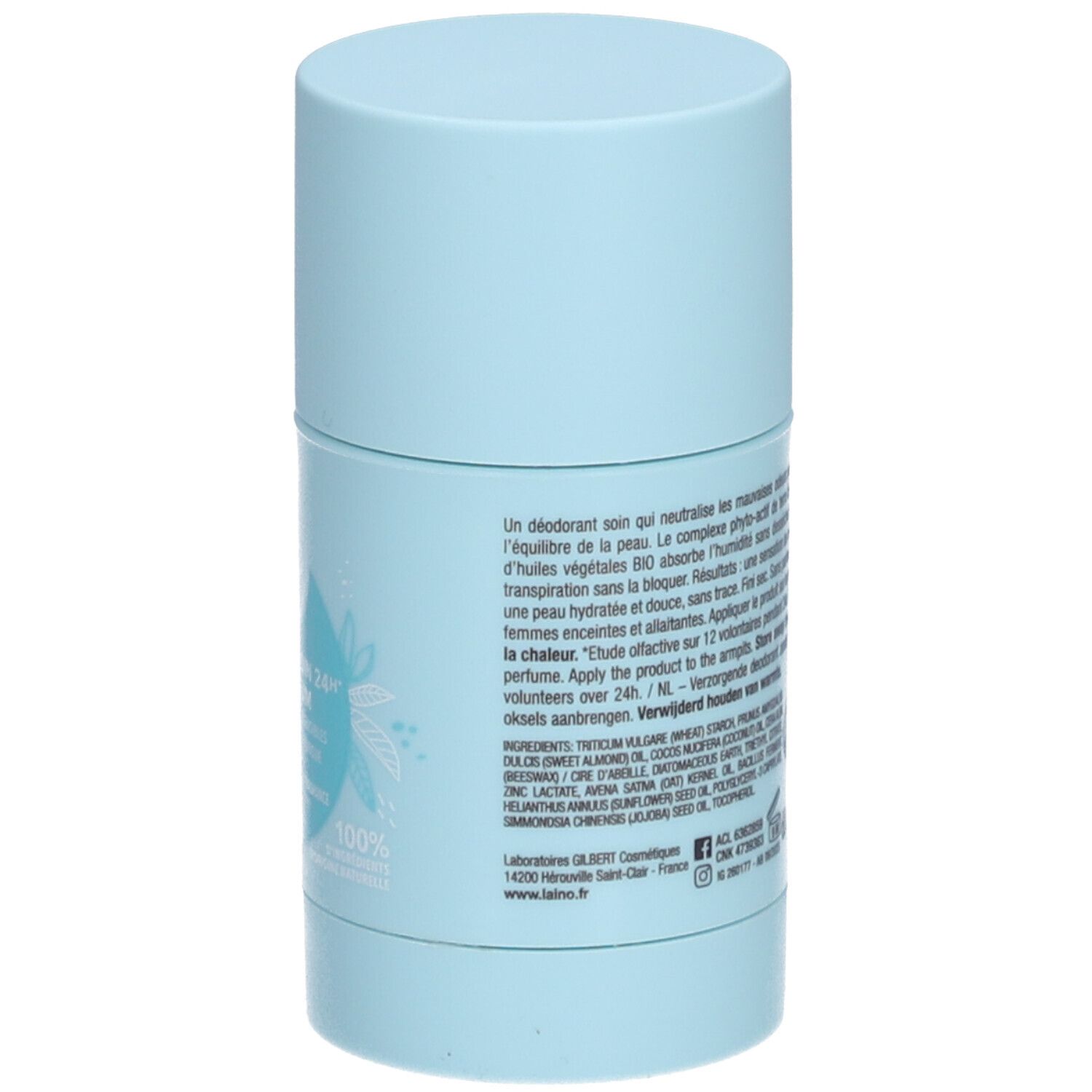 Hellblaues Deodorant von Laino. Rückseite mit Text. Enthält Informationen über das Produkt und die Inhaltsstoffe.