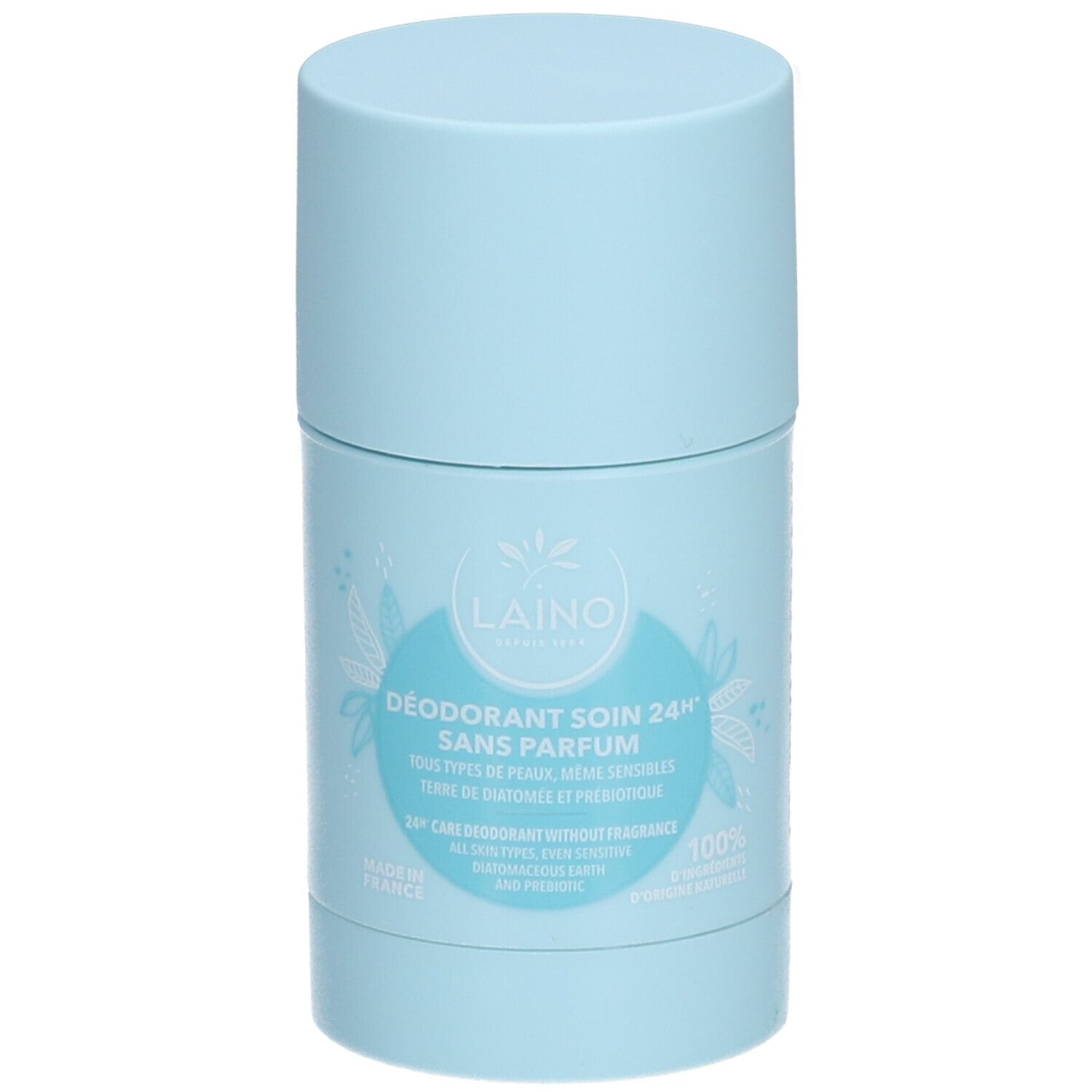 Hellblaues Deodorant von Laino. Aufschrift: Déodorant Soin 24H Sans Parfum. Für alle Hauttypen, auch empfindliche Haut.