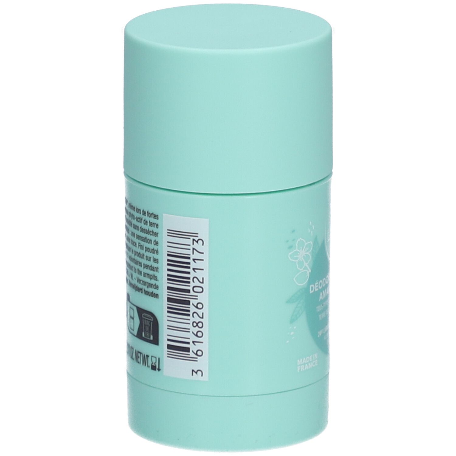 Stick de déodorant turquoise. Dos avec texte et code-barres. Fabriqué en France. 3 616826 021173.