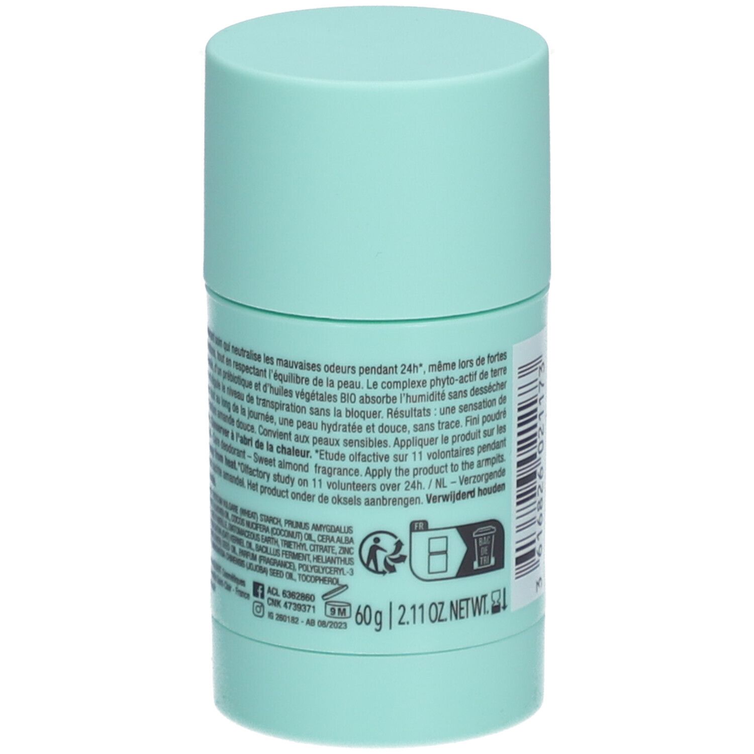 Stick de déodorant turquoise. Texte au dos. 60g, 2.11 OZ NET WT. Fabriqué en France.