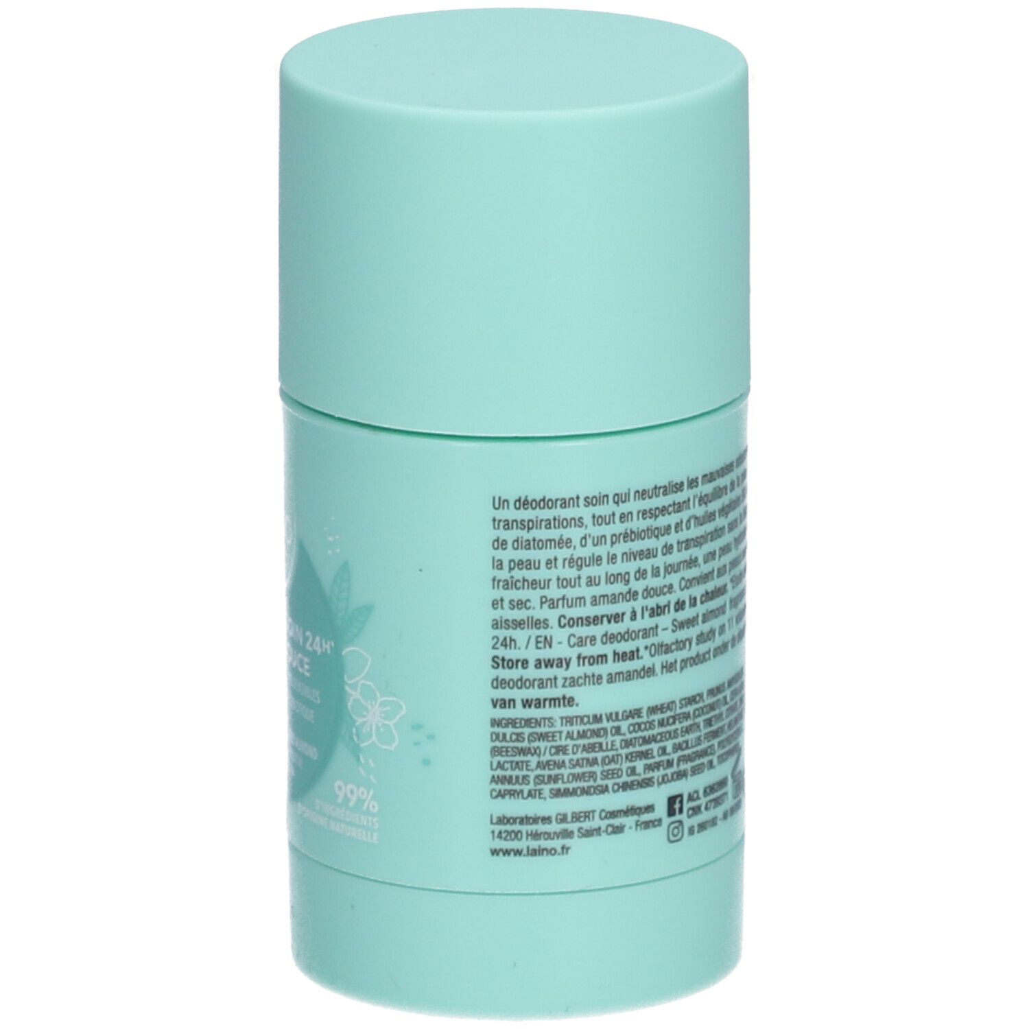 Stick de déodorant turquoise. Dos avec texte. 99% d'ingrédients d'origine naturelle. 60g, 2.11 OZ NET WT.