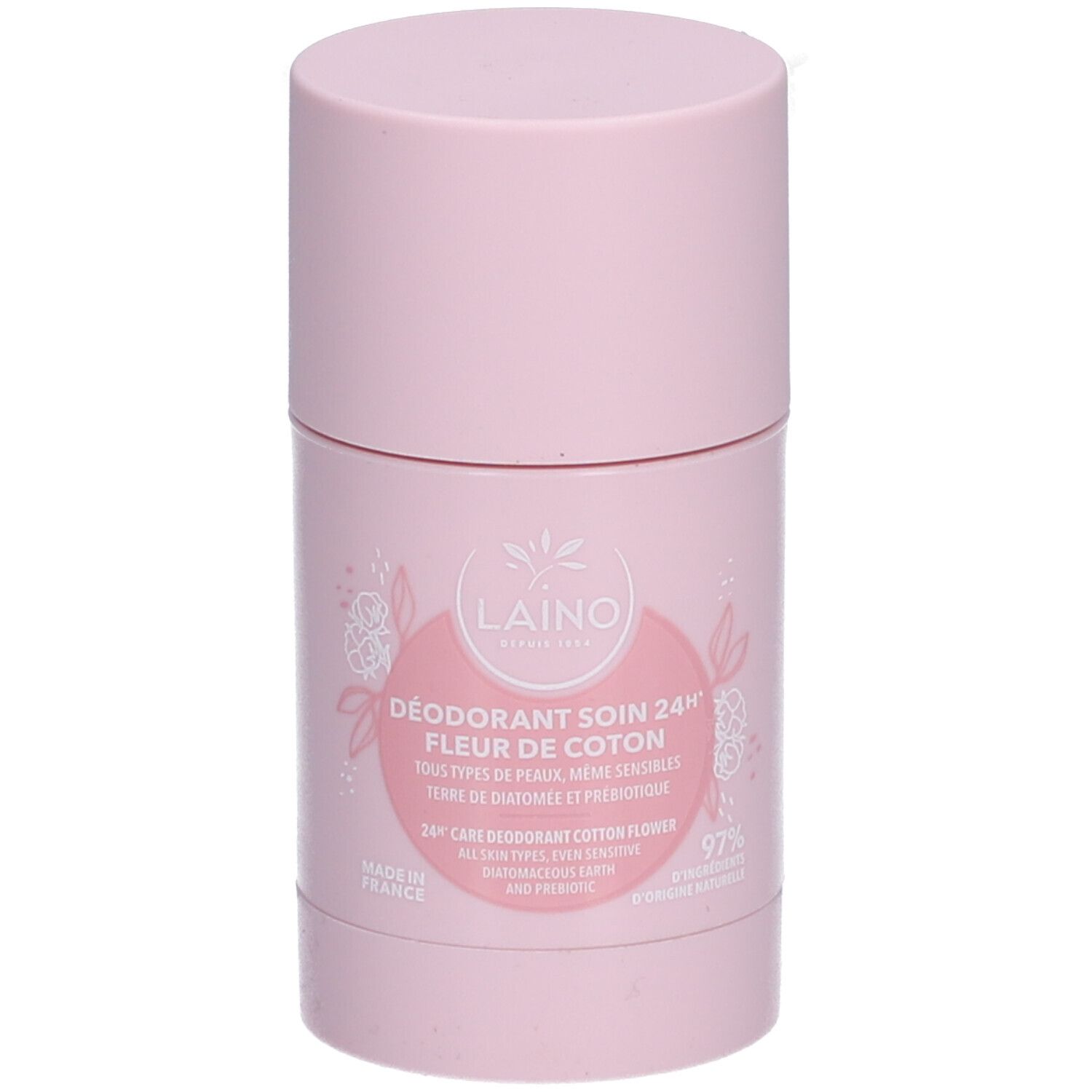 Rosa Deodorant-Stick. Aufschrift: LAINO, Déodorant Soin 24H Fleur de Coton. Für alle Hauttypen. 97% natürliche Inhaltsstoffe.