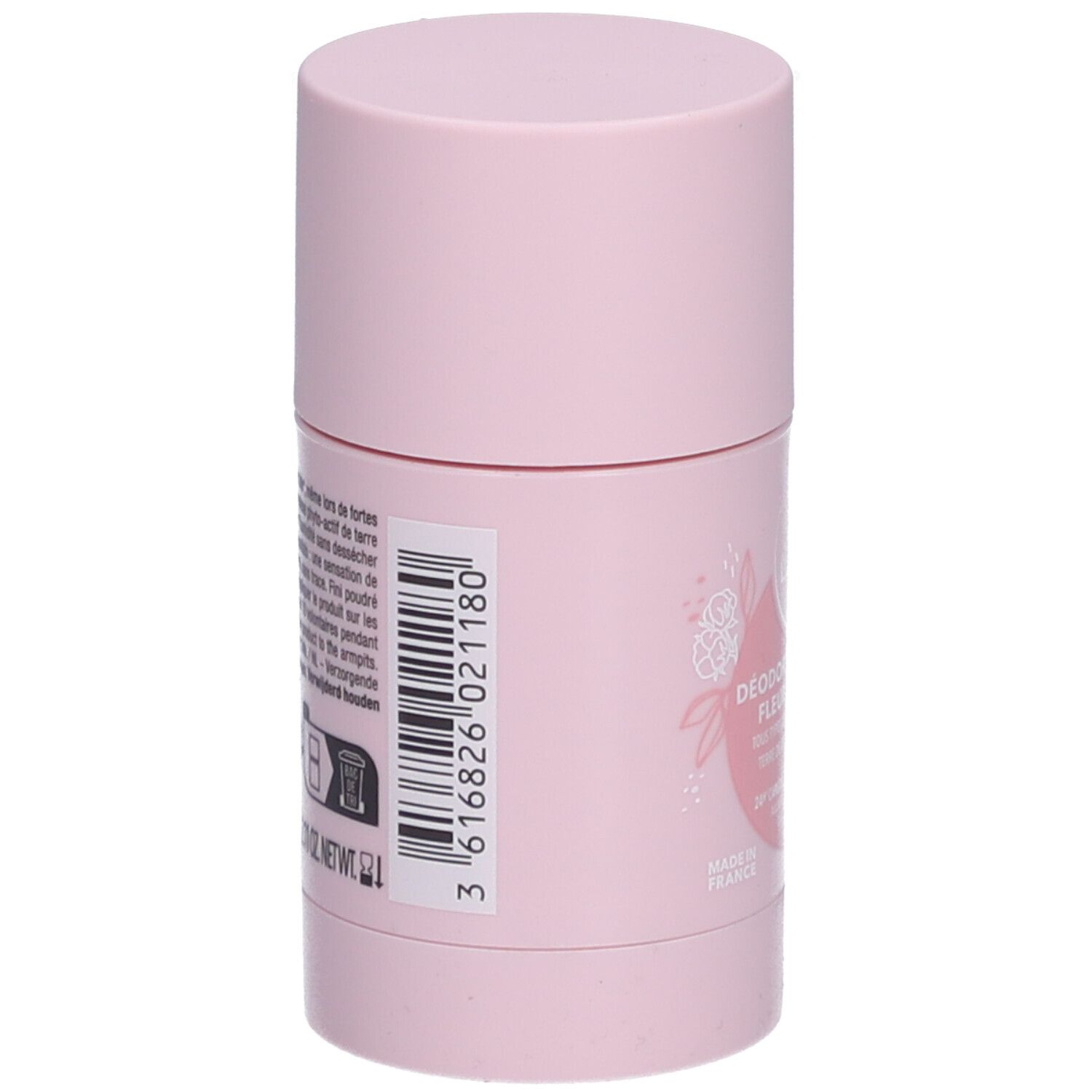 Rosa Deodorant-Stick. Rückseite mit Text und Barcode. Aufschrift: LAINO, Déodorant Soin 24H Fleur de Coton. Hergestellt in Frankreich.