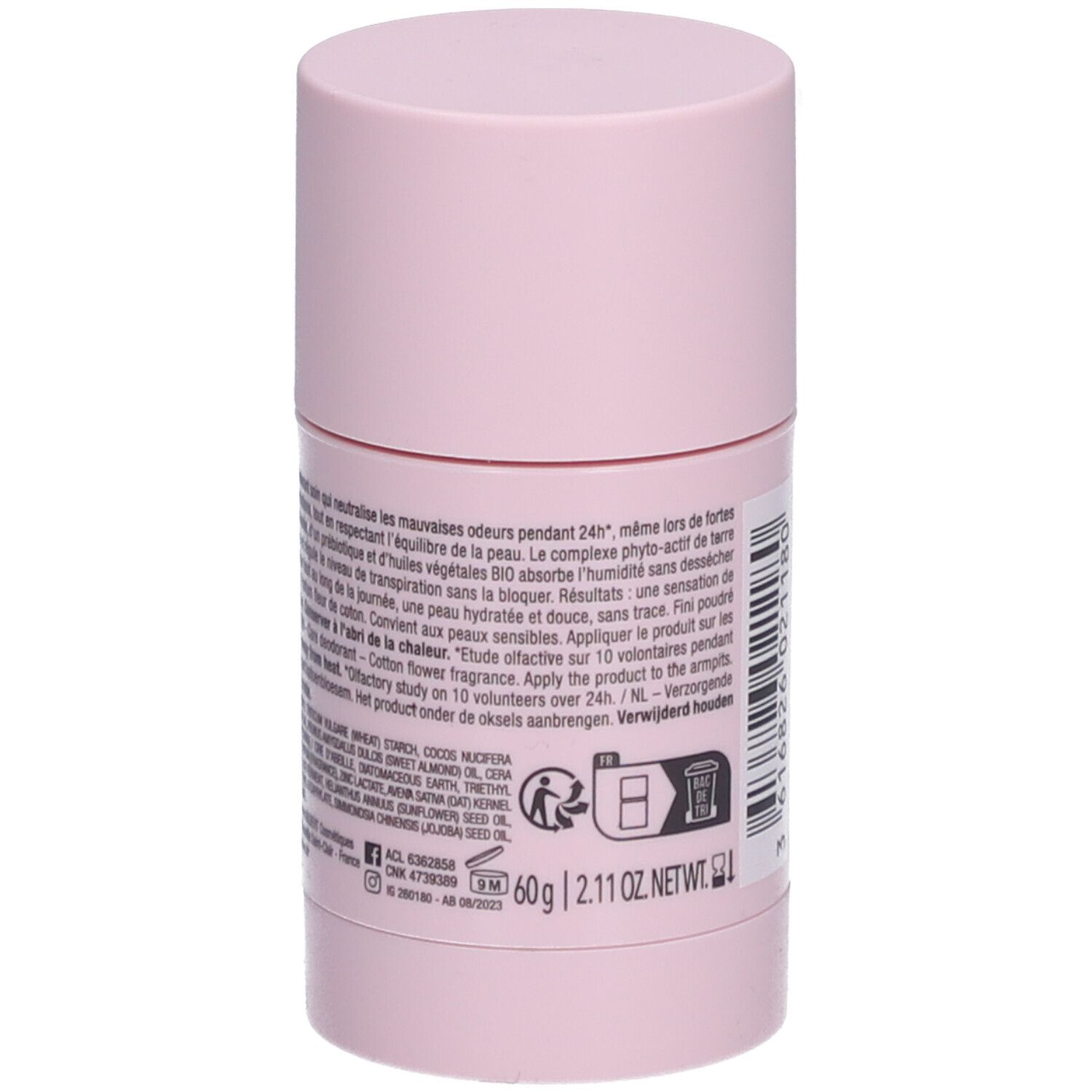 Rosa Deodorant-Stick. Rückseite mit Text. Aufschrift: LAINO, Déodorant Soin 24H Fleur de Coton. 60g. 2.11 OZ NET WT.