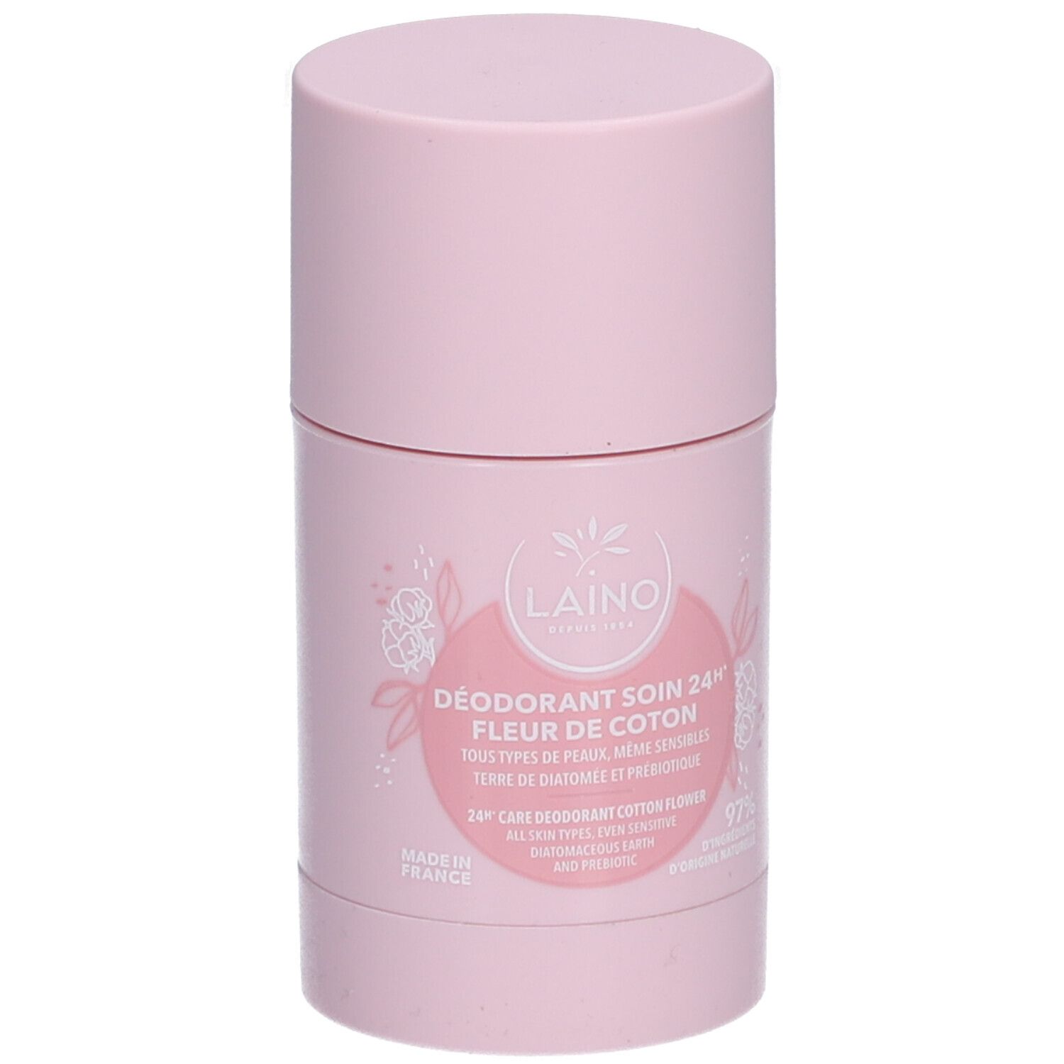 Rosa Deodorant-Stick. Aufschrift: LAINO, Déodorant Soin 24H Fleur de Coton. Für alle Hauttypen. 97% natürliche Inhaltsstoffe.