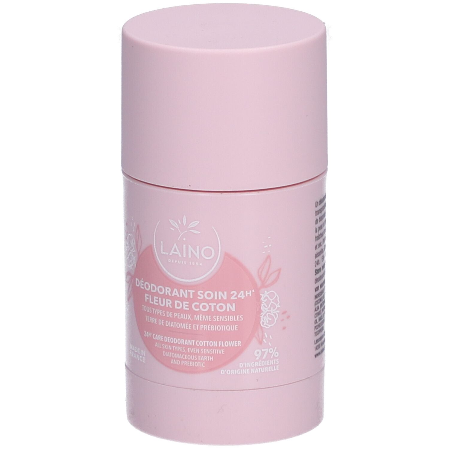 Rosa Deodorant-Stick. Aufschrift: LAINO, Déodorant Soin 24H Fleur de Coton. Für alle Hauttypen. 97% natürliche Inhaltsstoffe.