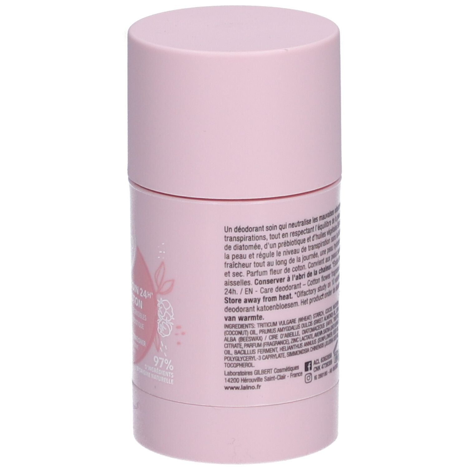 Rosa Deodorant-Stick. Rückseite mit Text. Aufschrift: LAINO, Déodorant Soin 24H Fleur de Coton. 97% natürliche Inhaltsstoffe.