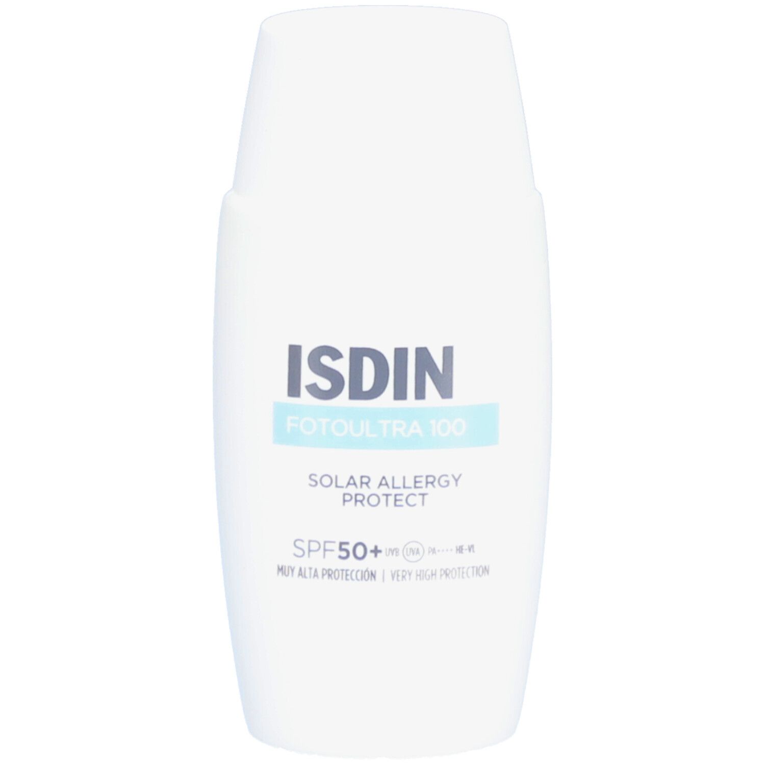 ISDIN Fotoultra 100 Solar Allergy Protect SPF50. Weiße Flasche.