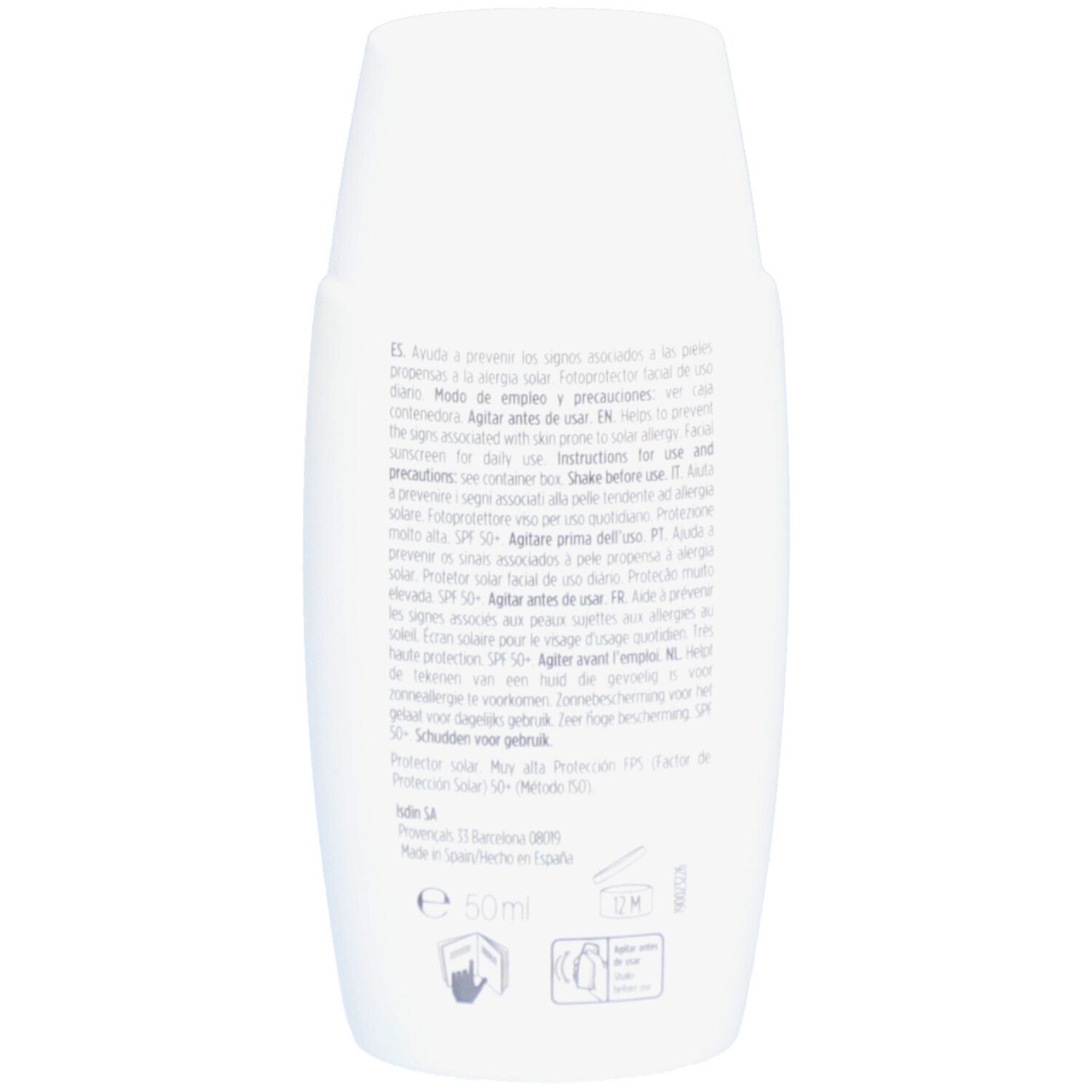 Rückseite der weißen Flasche ISDIN Fotoultra 100 Solar Allergy Protect SPF50.