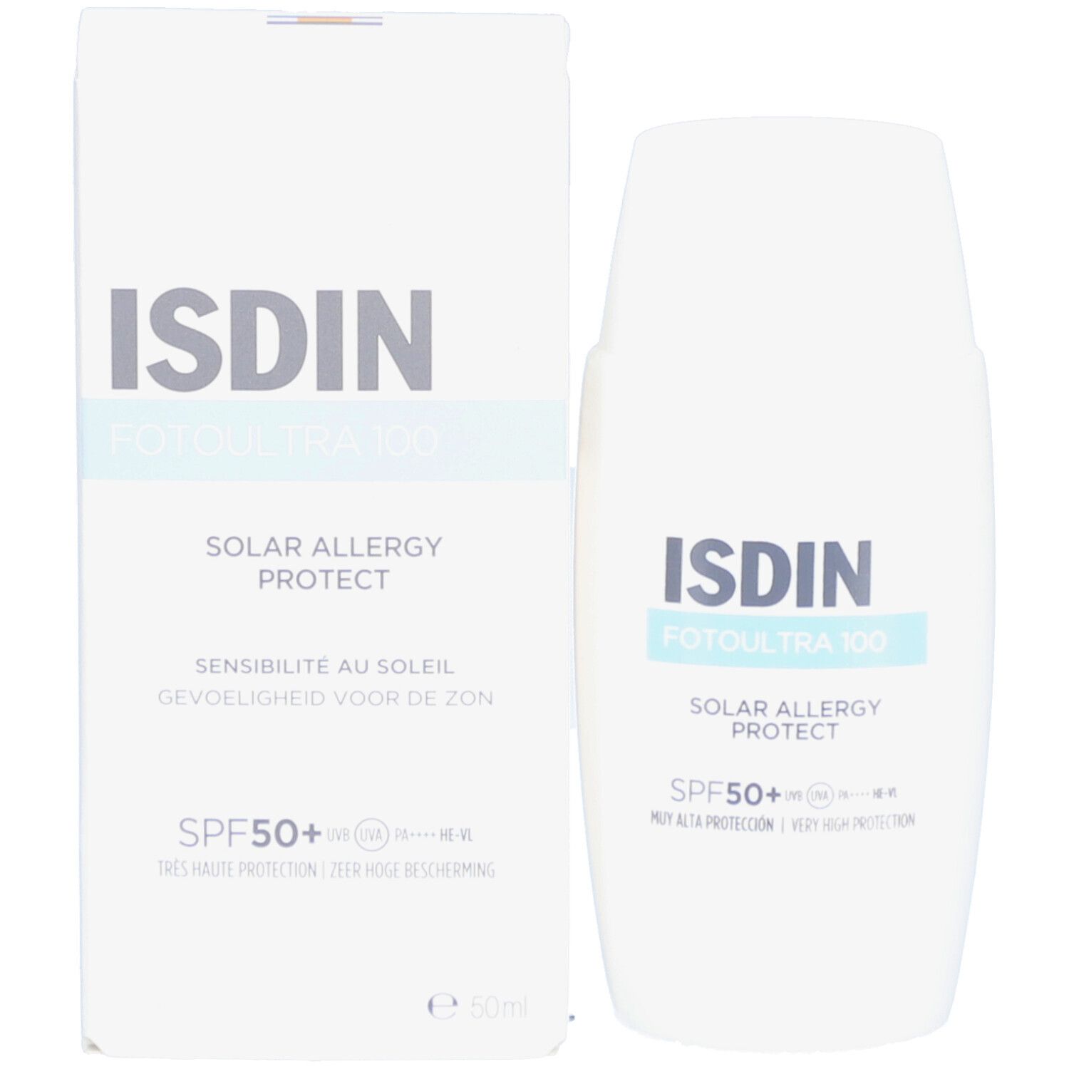 ISDIN Fotoultra 100 Solar Allergy Protect SPF50 und Verpackung.