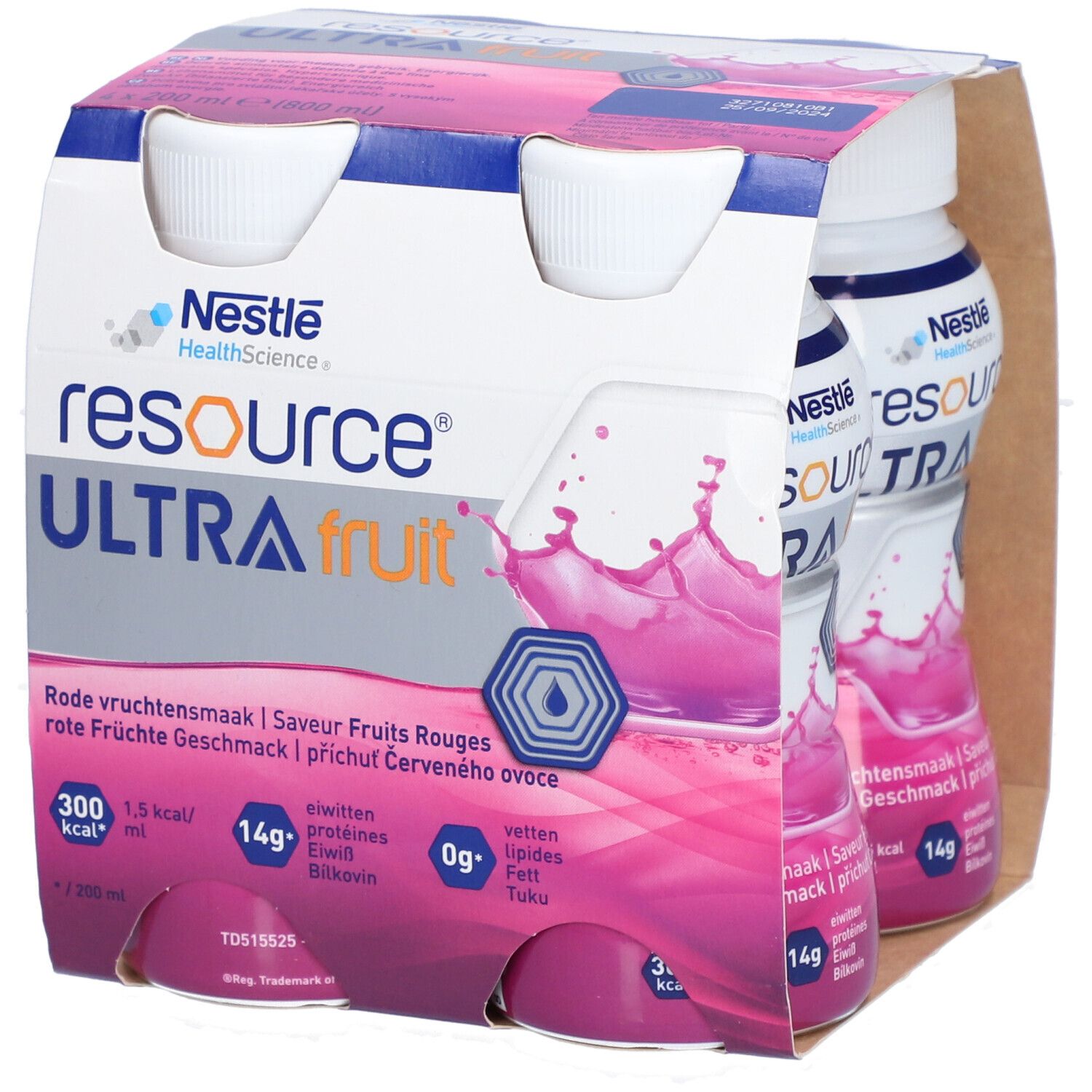 Nestlé Resource Ultra Fruit, kartonnen verpakking met 4 flesjes. Rode vloeistof, witte doppen. Opschriften: merk, voedingswaarde.