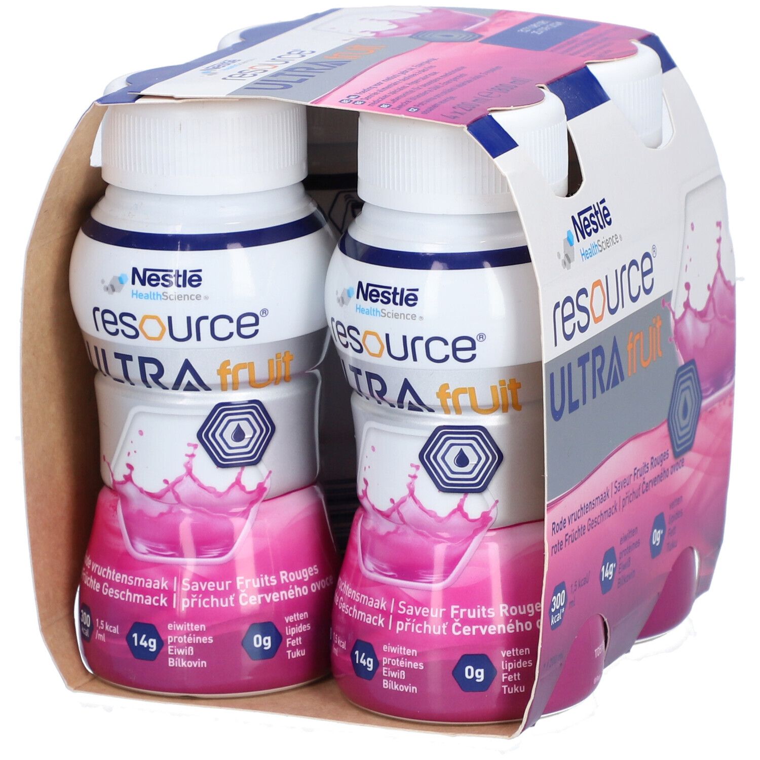 Nestlé Resource Ultra Fruit, 4 flesjes in karton. Rode vloeistof, witte doppen. Merk en voedingswaarde zichtbaar.
