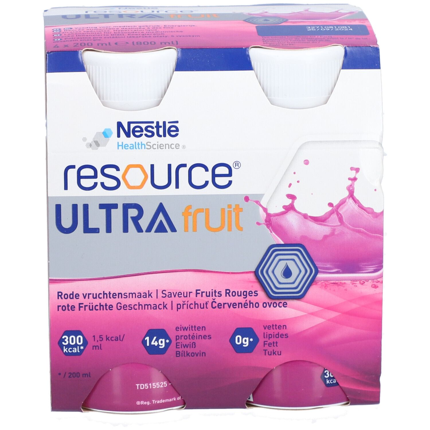 Nestlé Resource Ultra Fruit, 4 flesjes in karton. Rode vloeistof, witte doppen. Merk en voedingswaarde.