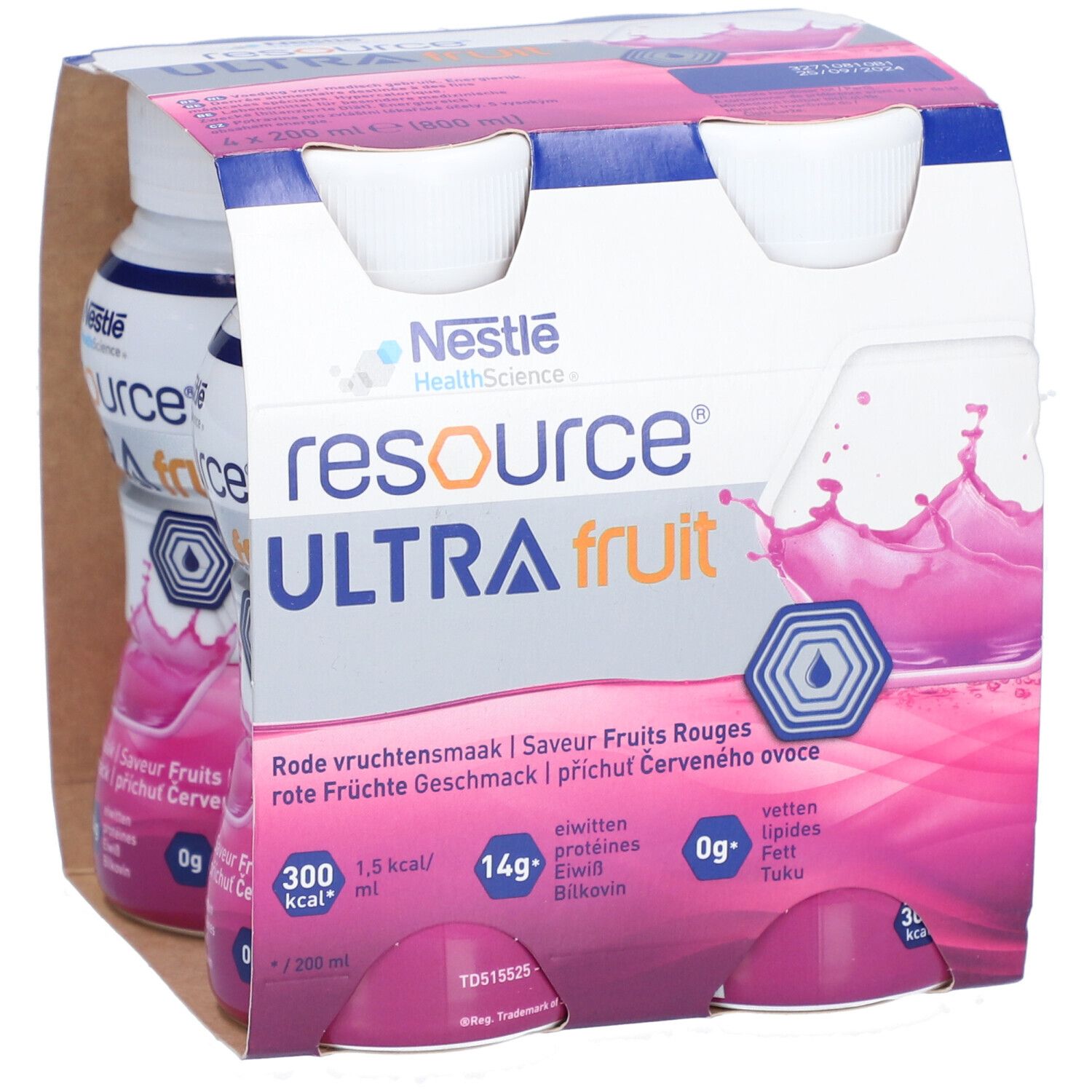 Nestlé Resource Ultra Fruit, 4 flesjes in karton. Rode vloeistof, witte doppen. Merk en voedingswaarde.