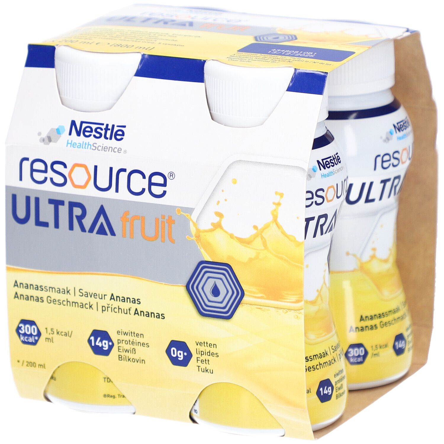 Nestlé Resource Ultra Fruit Ananas, 4 bouteilles en carton. Inscriptions: informations nutritionnelles, Ananassmaak.