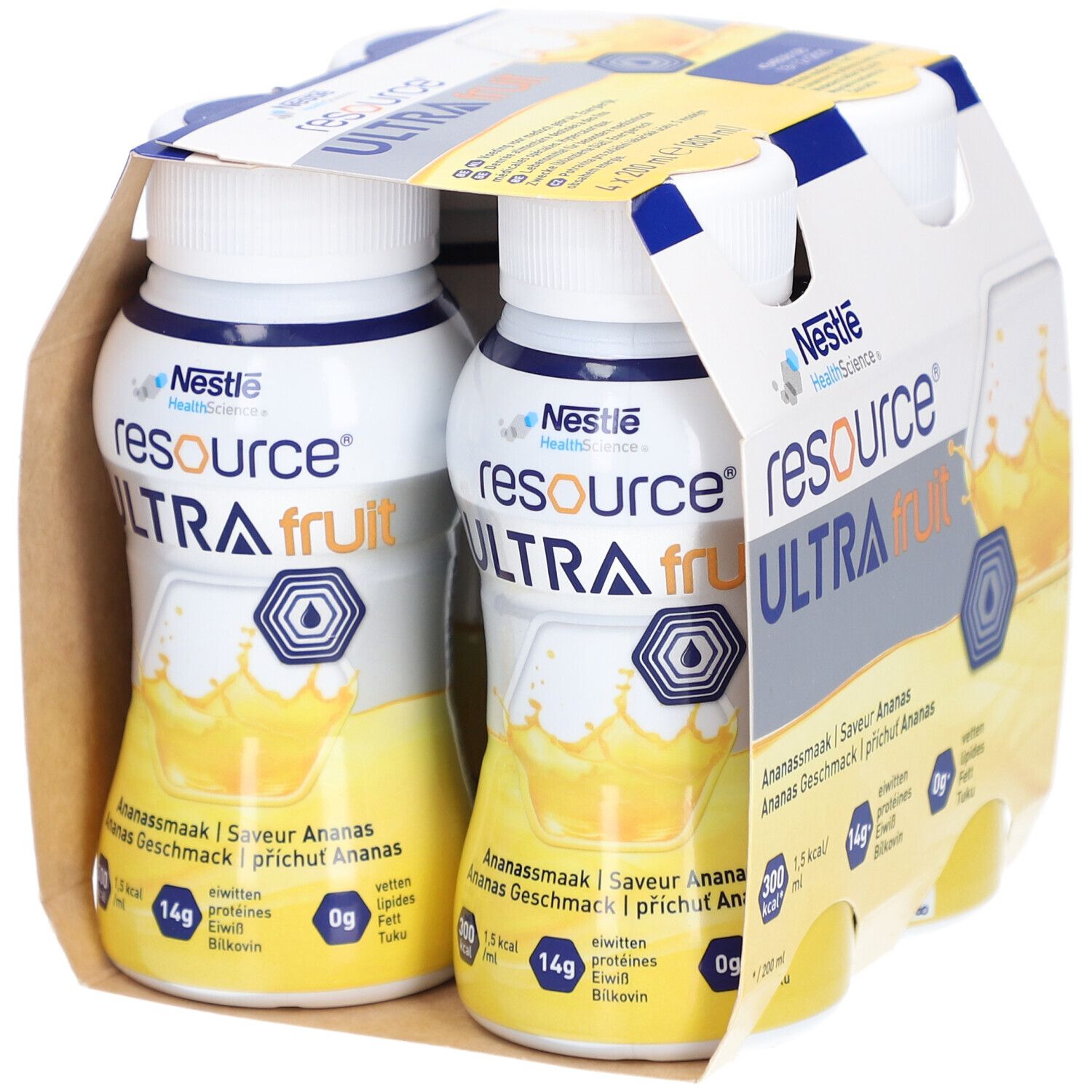 Nestlé Resource Ultra Fruit Ananas, 4 bouteilles en carton. Visible: informations nutritionnelles, Ananassmaak.
