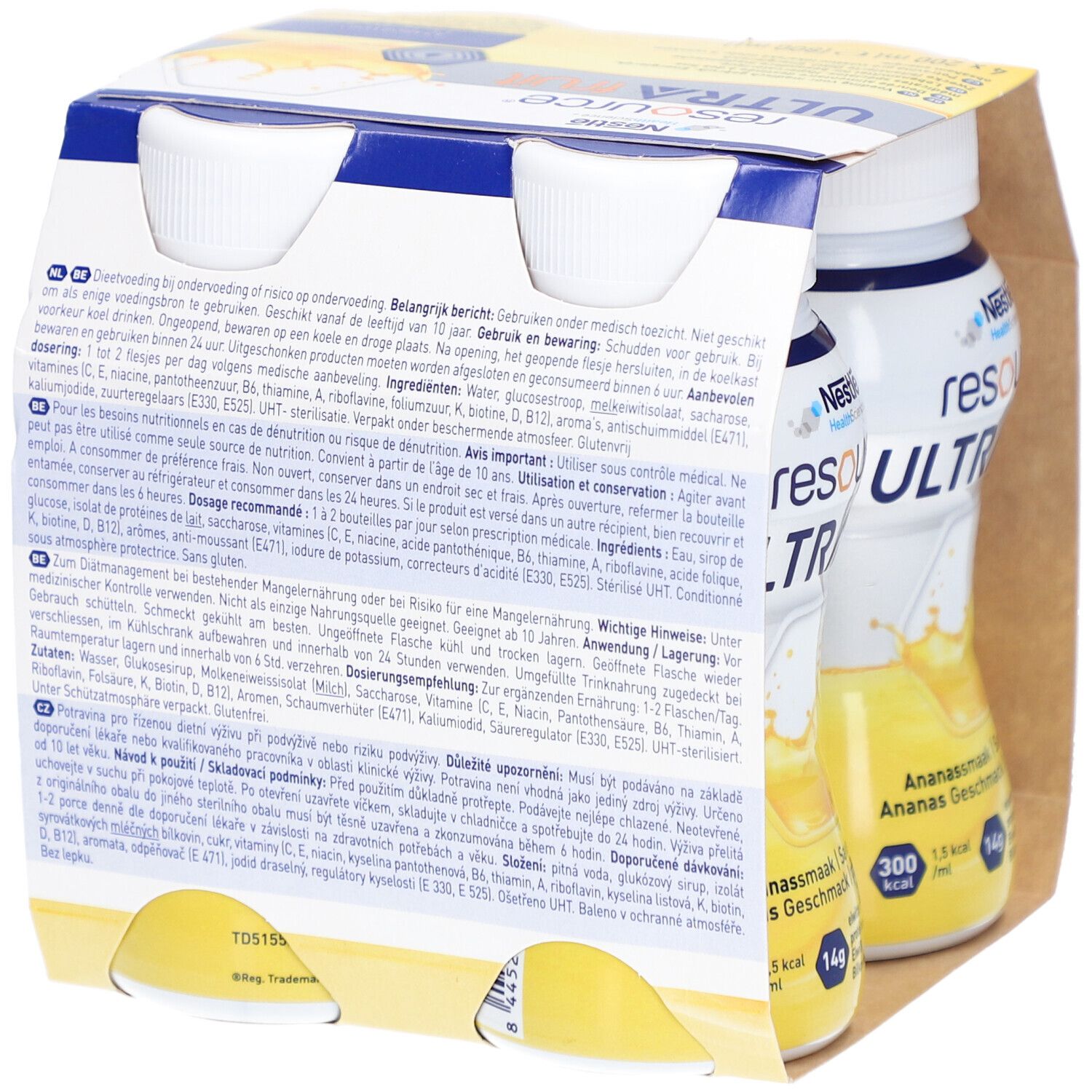 Nestlé Resource Ultra Fruit Ananas, 4 bouteilles en carton. Dos avec texte. Inscription: informations nutritionnelles.