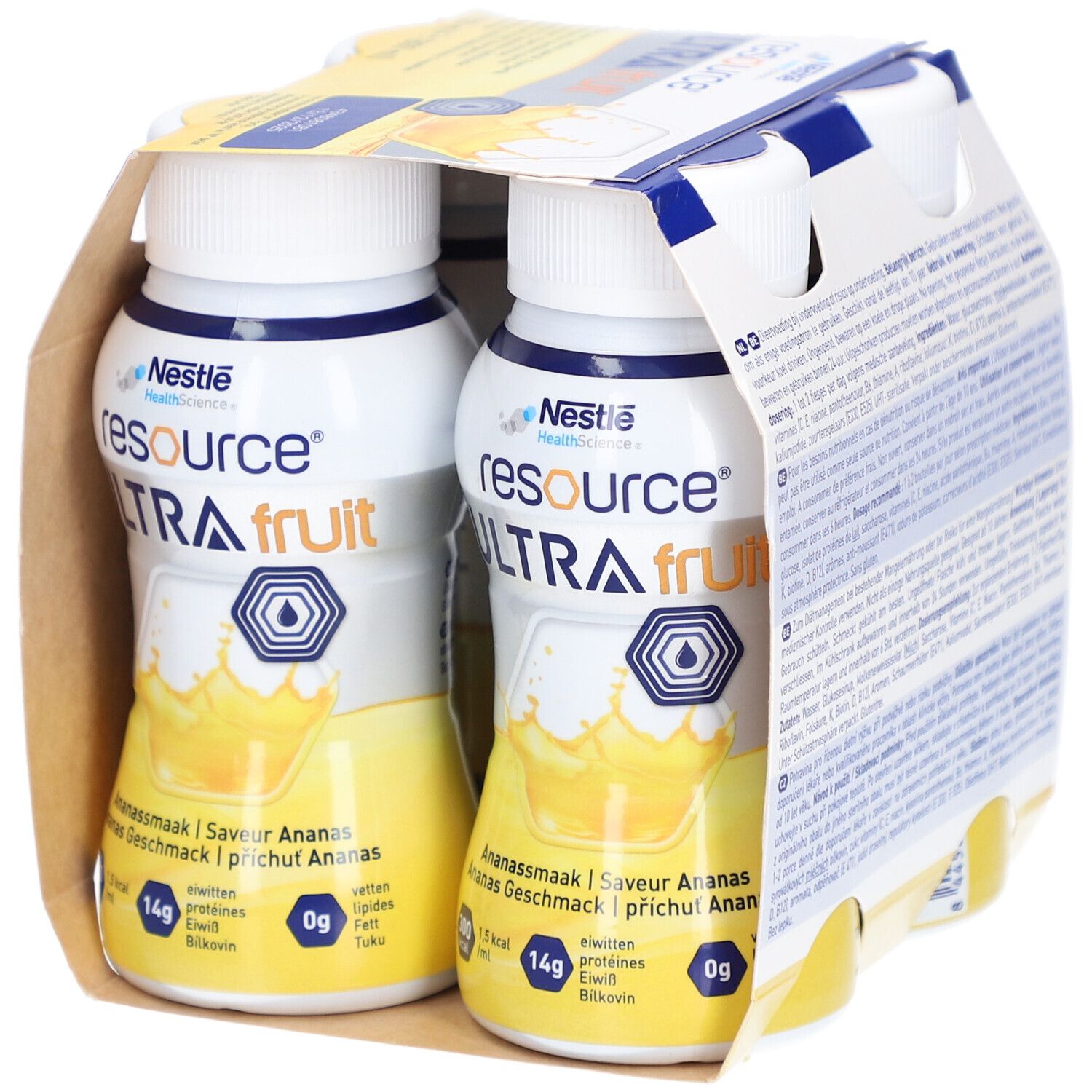 Nestlé Resource Ultra Fruit Ananas, 4 bouteilles en carton. Visible: informations nutritionnelles, Ananassmaak.