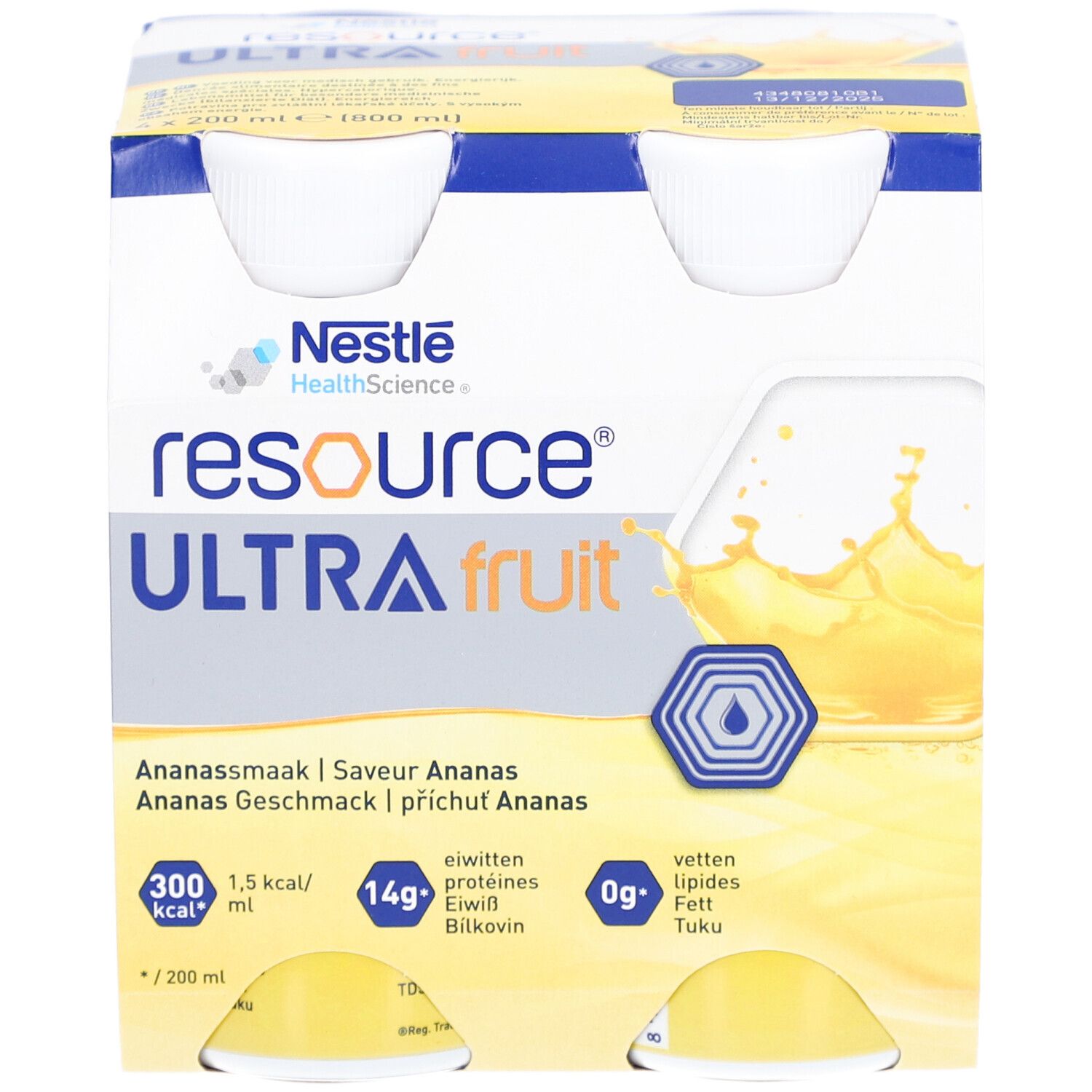 Nestlé Resource Ultra Fruit Ananas, 4 bouteilles en carton. Inscription: informations nutritionnelles, Ananassmaak.
