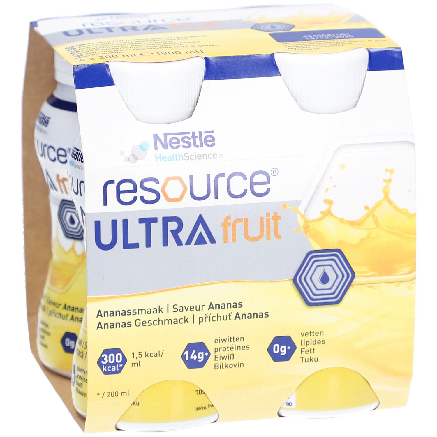 Nestlé Resource Ultra Fruit Ananas, 4 bouteilles en carton. Inscription: informations nutritionnelles, Ananassmaak.