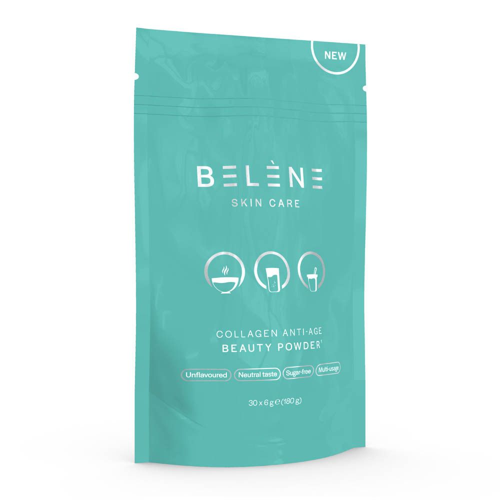 Turquoise verpakking met productnaam en logo's. Bevat Collageen Anti-Age Beauty Powder. Gedrukt: ongeparfumeerd, neutrale smaak, suikervrij.