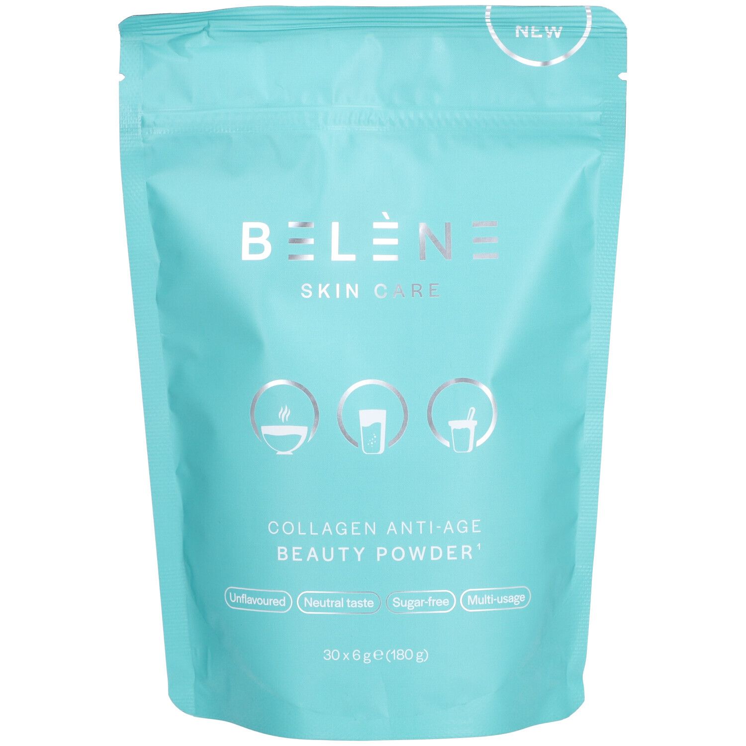 Turquoise verpakking met productnaam en logo's. Bevat Collageen Anti-Age Beauty Powder. Gedrukt: ongeparfumeerd, neutrale smaak, suikervrij.