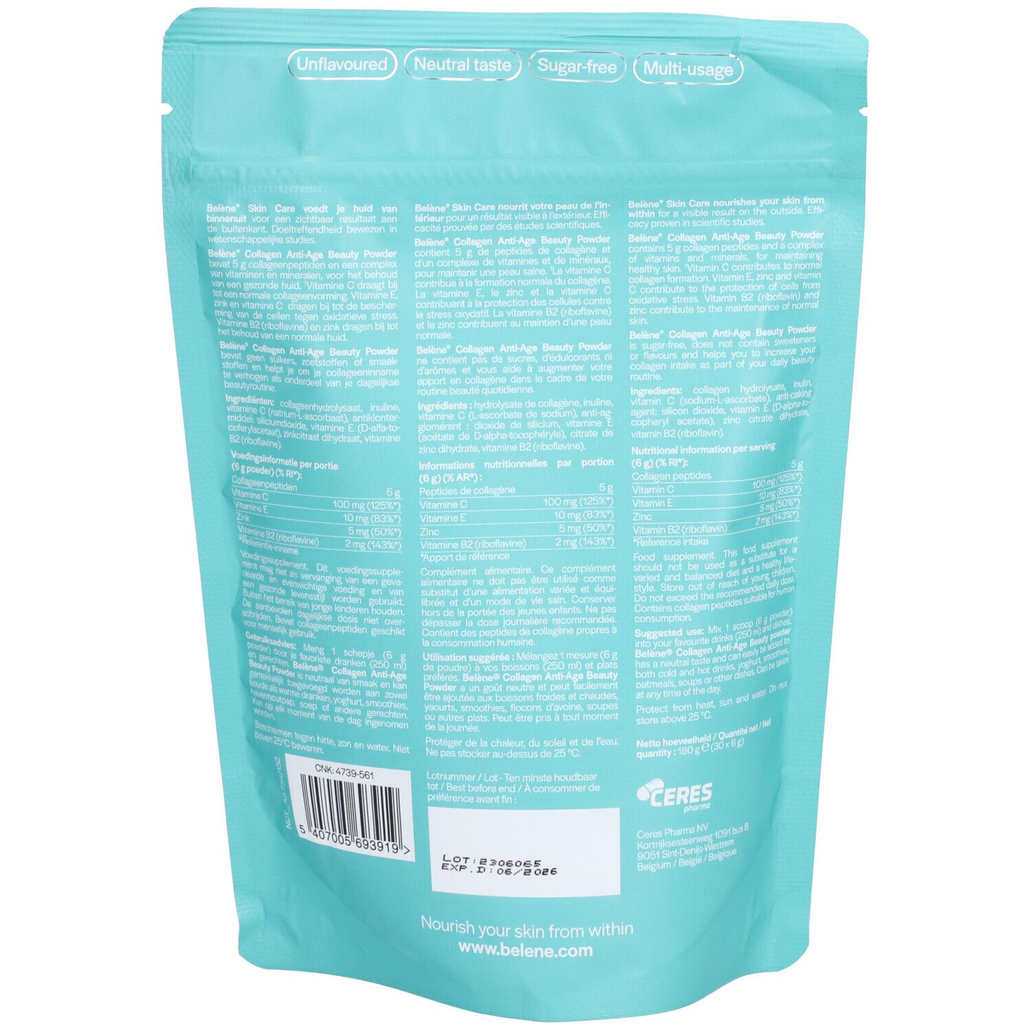 Achterkant van de turquoise verpakking. Bevat meertalige tekst, voedingsinformatie en een barcode. Met logo en houdbaarheidsdatum.