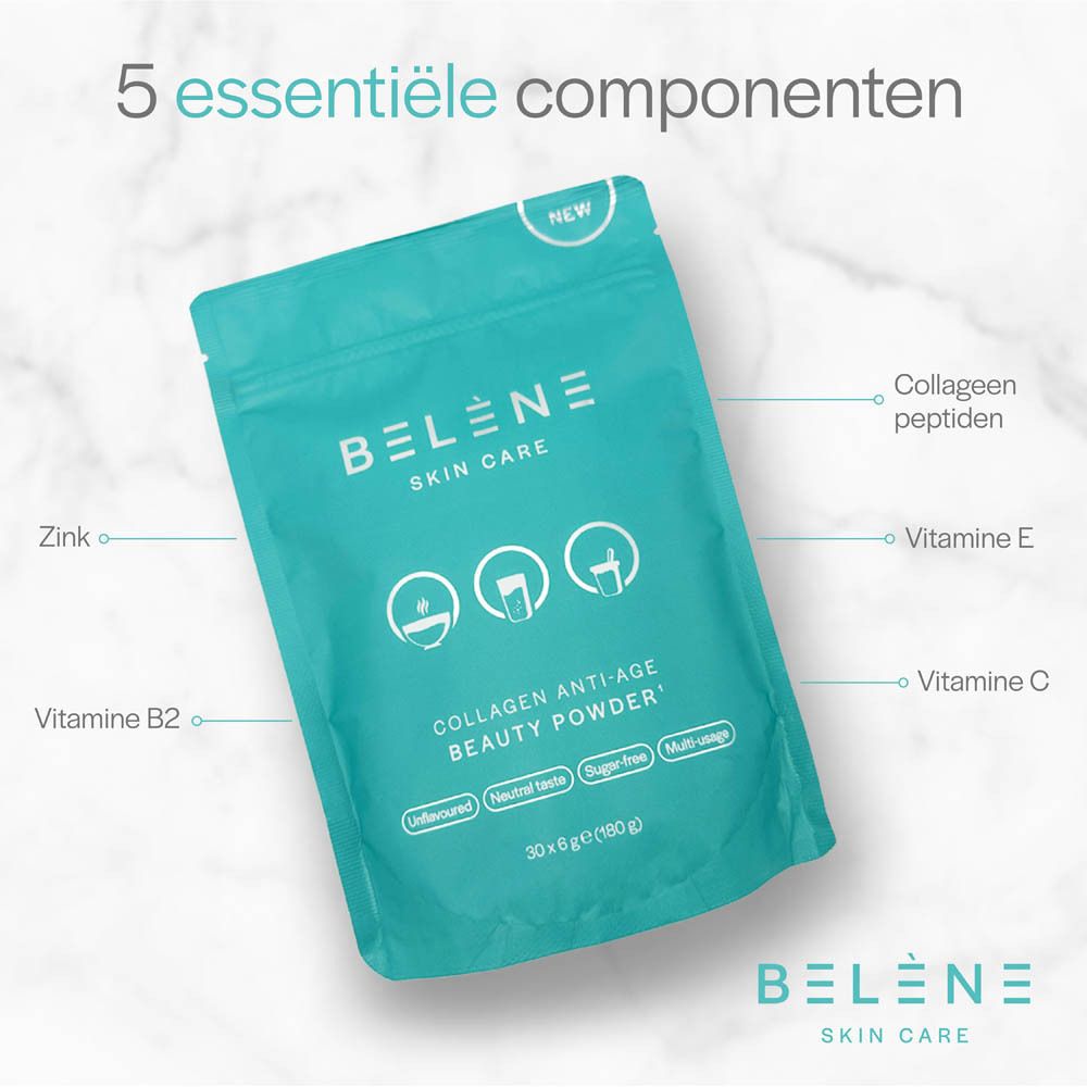Turquoise verpakking met productnaam en logo's. Bevat Collageen Anti-Age Beauty Powder. Gedrukt: ongeparfumeerd, neutrale smaak, suikervrij.