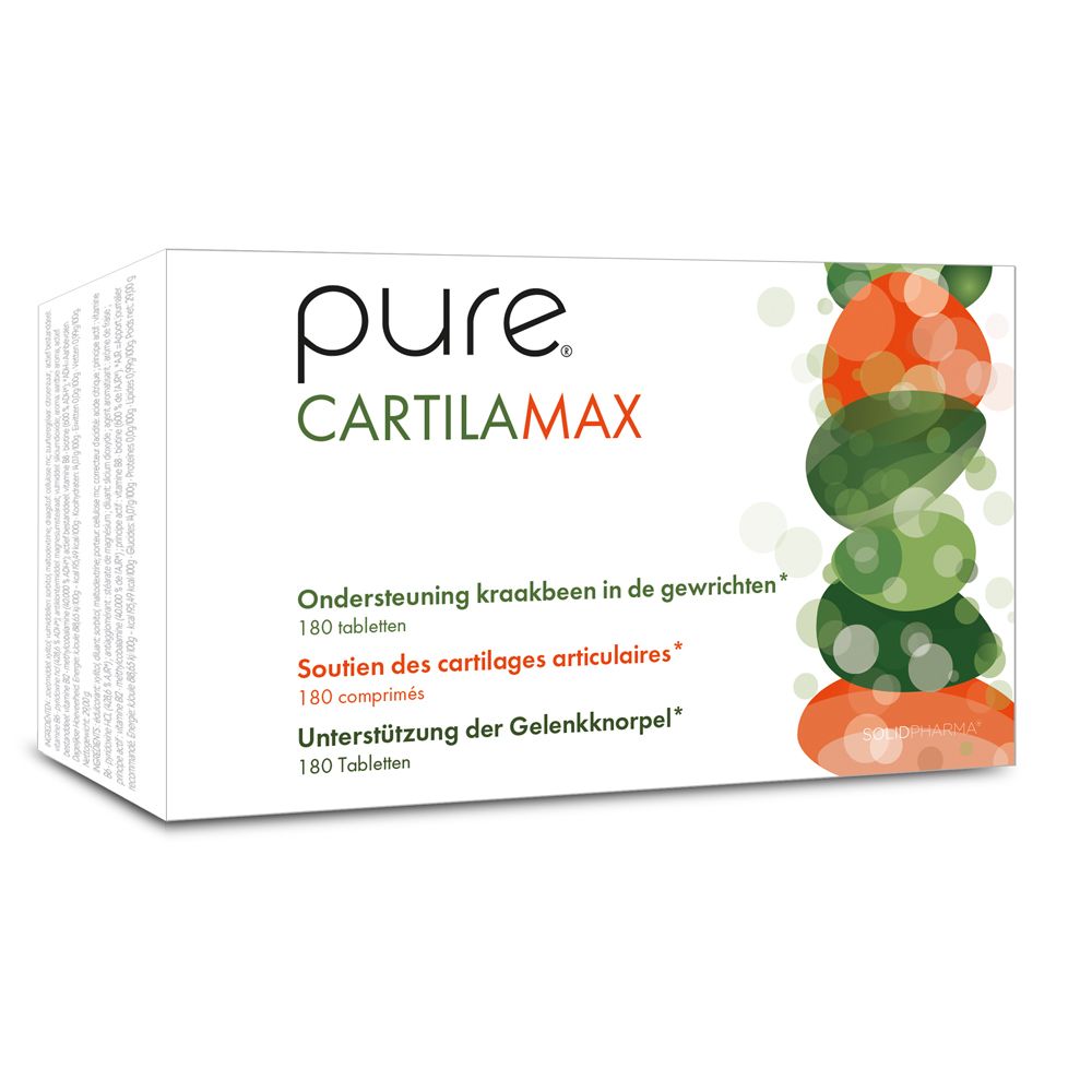 Witte doos met tekst en productnaam. Gedrukt: pure Cartilamax, 180 tabletten. Kleurrijke illustratie.