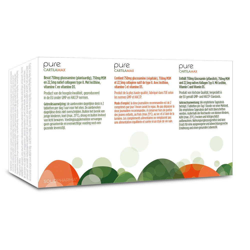 Achterkant van de witte doos. Tekst in drie talen. Productinformatie en ingrediënten. Logo van Solid Pharma.