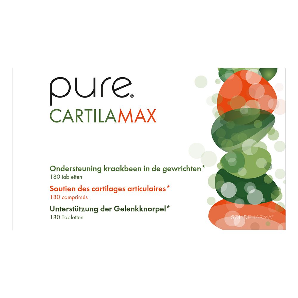 Witte doos met tekst en productnaam. Gedrukt: pure Cartilamax, 180 tabletten. Kleurrijke illustratie.