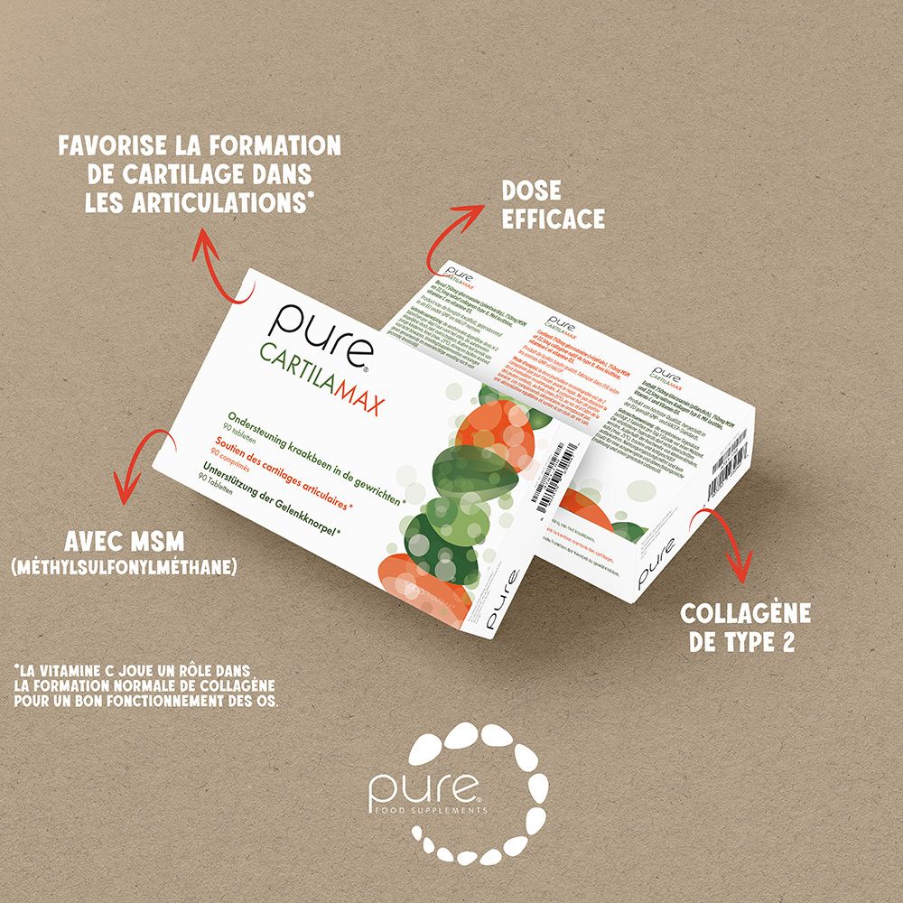 Boîte blanche avec texte et nom du produit. Imprimé : pure Cartilamax. Vue latérale avec texte.