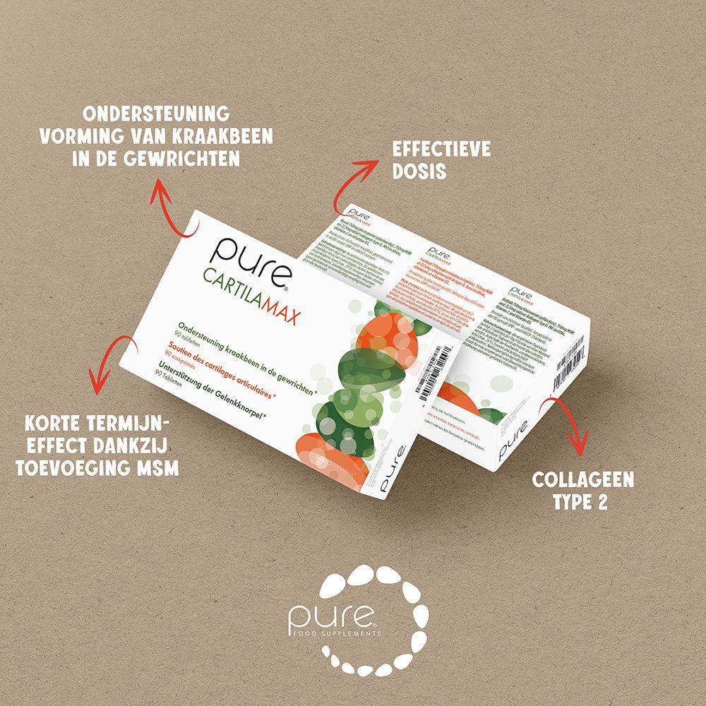 Witte doos met tekst en productnaam. Gedrukt: pure Cartilamax, 180 tabletten. Kleurrijke illustratie.