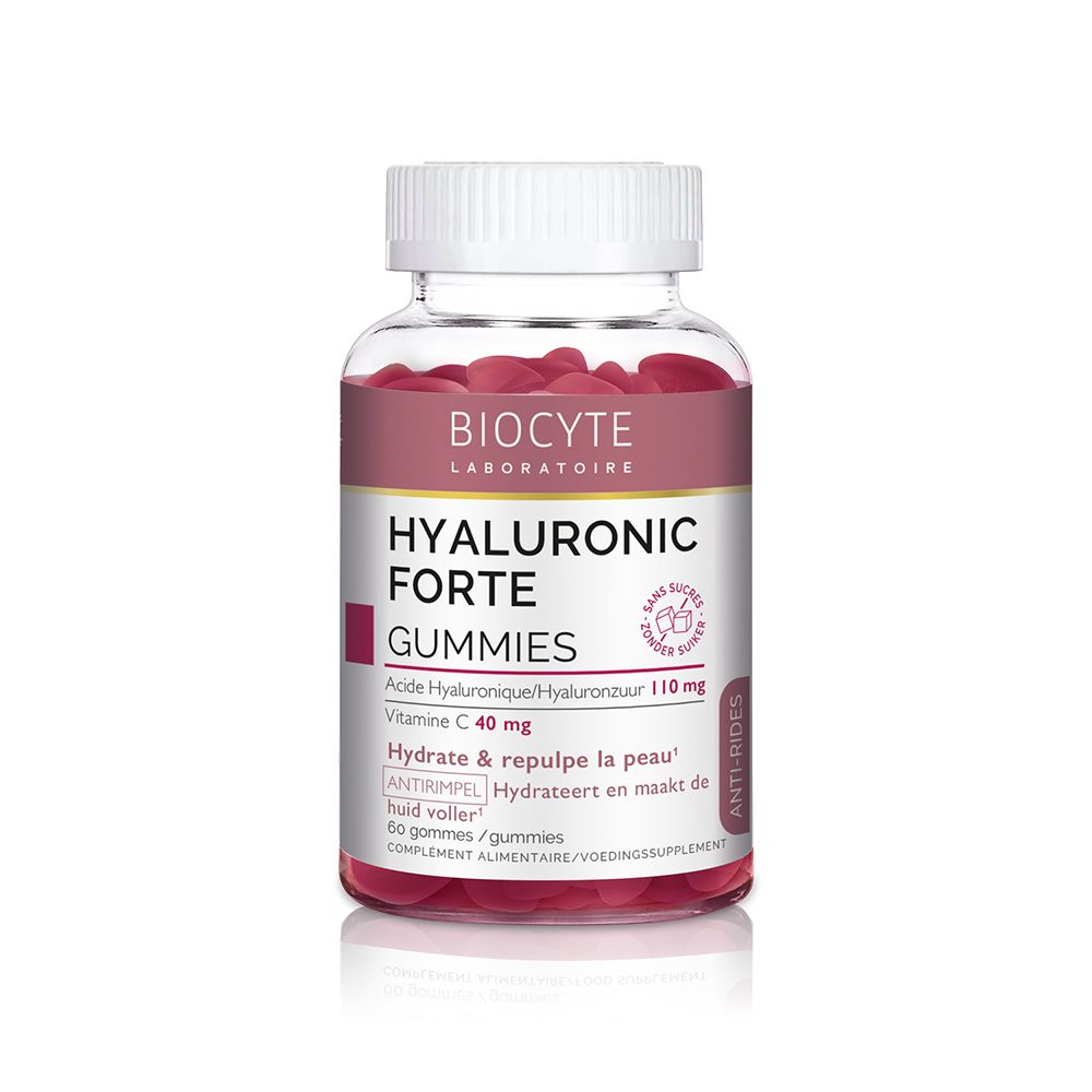 Flacon transparent de gummies rouges. Étiquette : Biocyte Hyaluronic Forte Gummies.