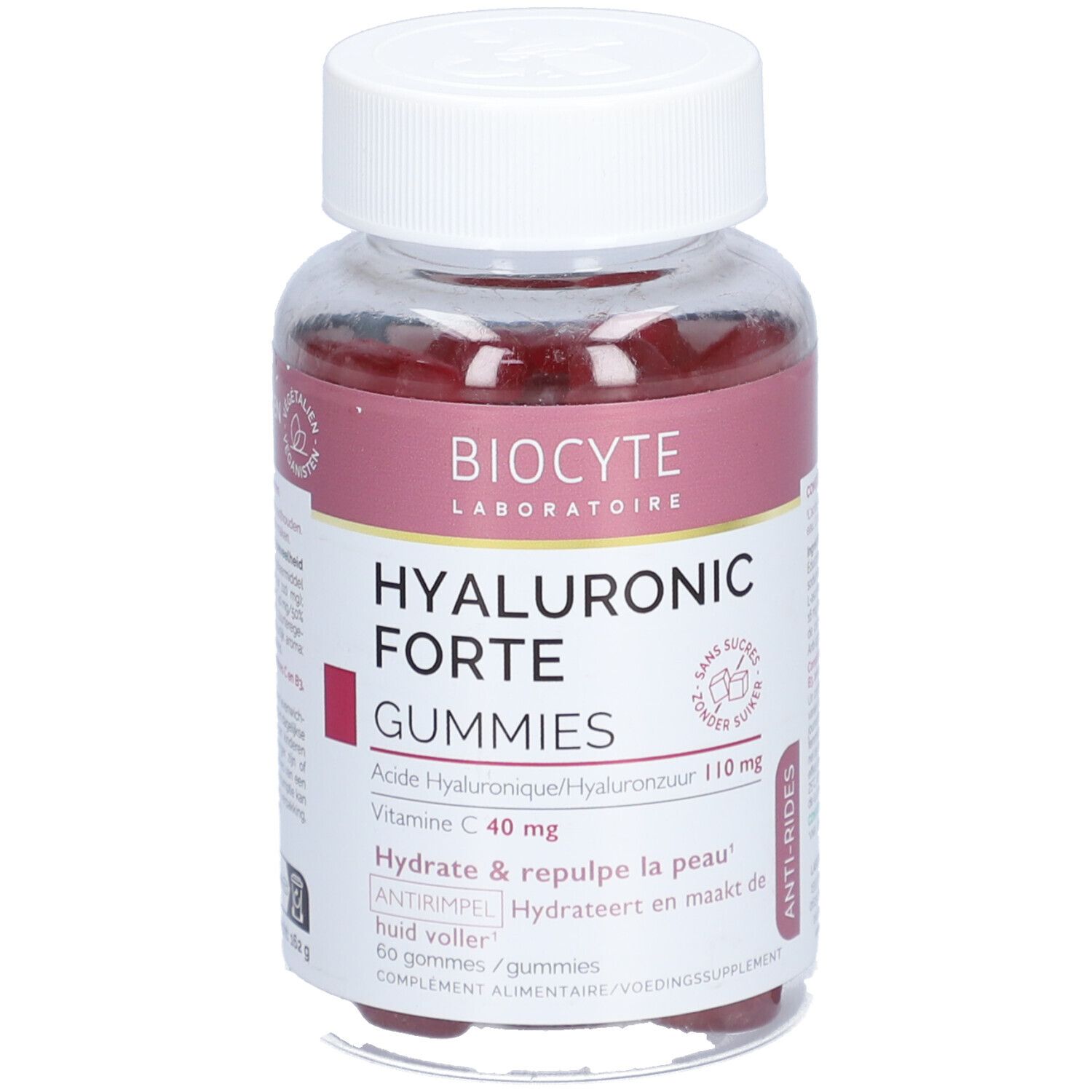 Flacon transparent de gummies rouges. Étiquette : Biocyte Hyaluronic Forte Gummies.