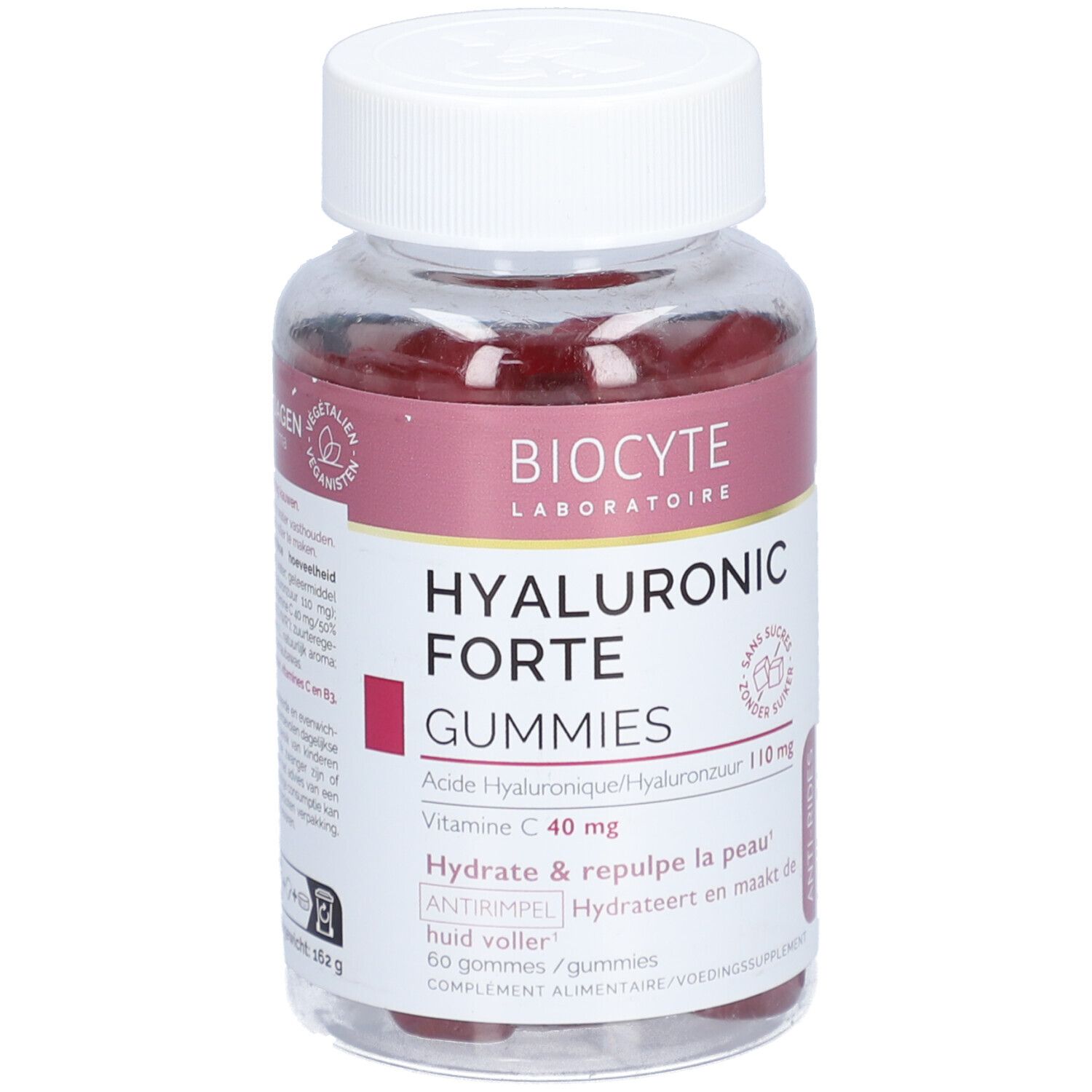 Flacon transparent de gummies rouges. Étiquette : Biocyte Hyaluronic Forte Gummies.