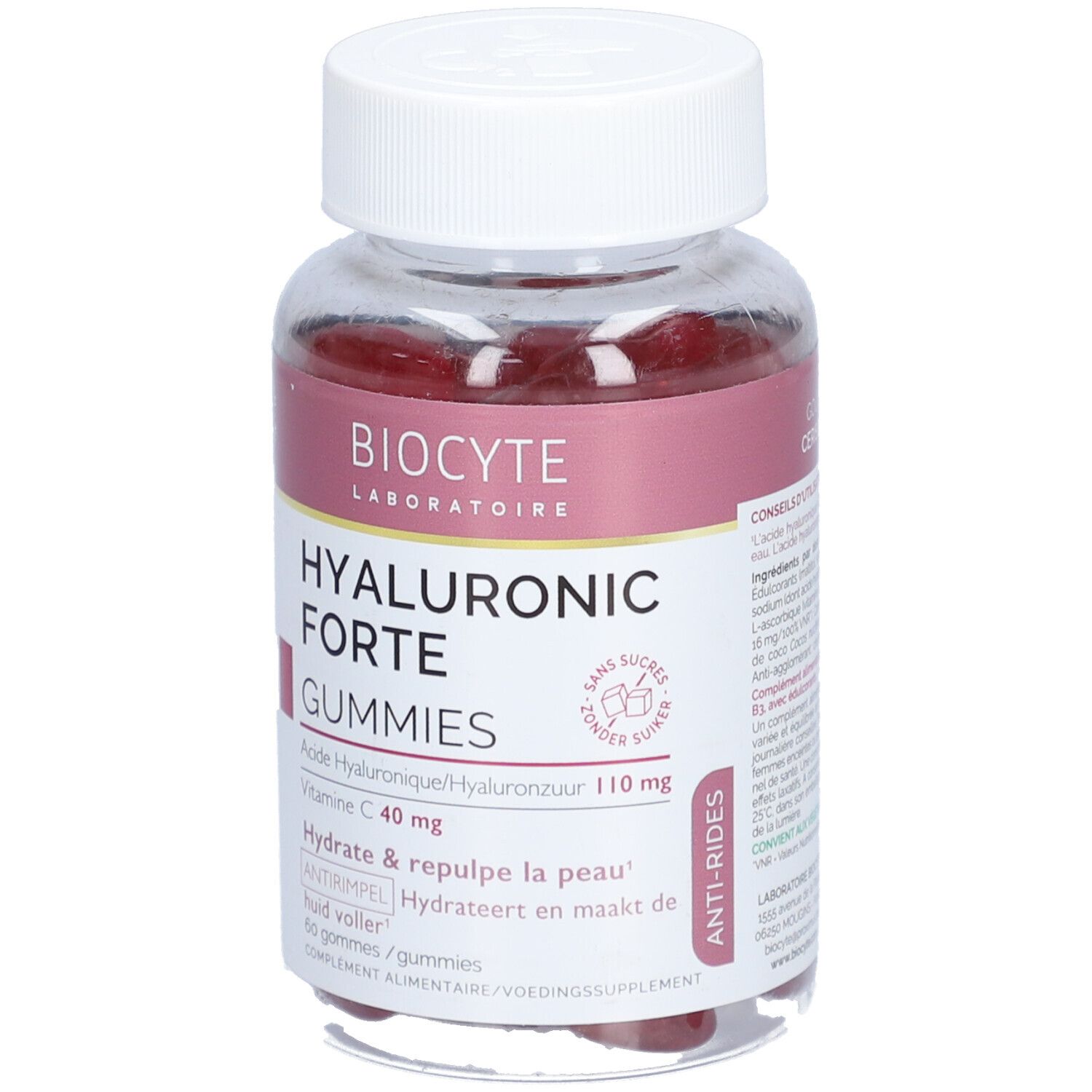Flacon transparent de gummies rouges. Étiquette : Biocyte Hyaluronic Forte Gummies.