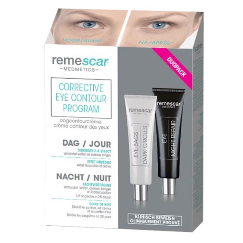Duo-Pack met twee tubes. Een witte tube met 'Eye Bags Dark Circles'. Een zwarte tube met 'Eye Night Repair'.