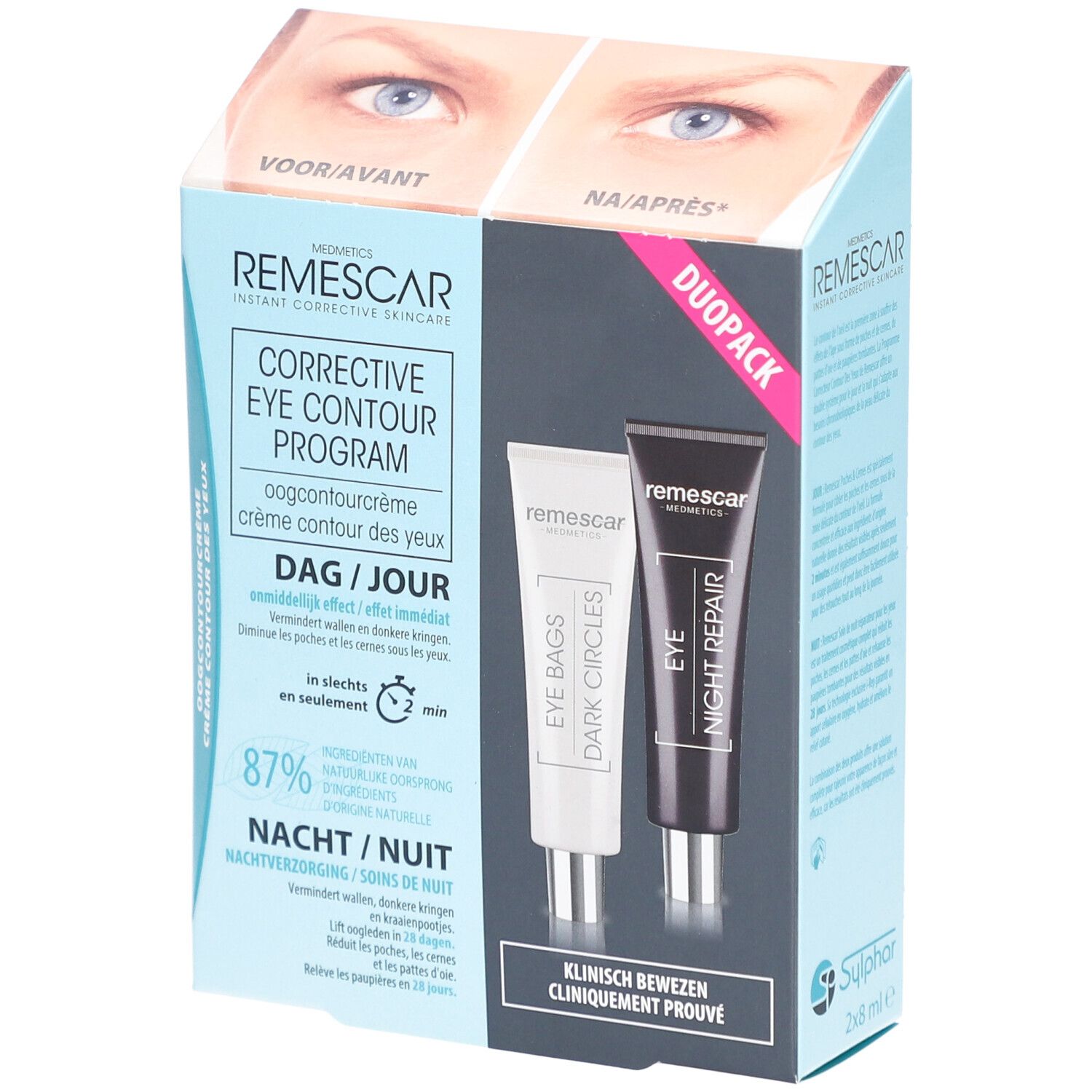 Duo-Pack met twee tubes. Een witte tube met 'Eye Bags Dark Circles'. Een zwarte tube met 'Eye Night Repair'.